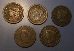 LOT OF FIVE CULL/LOW GRADE LARGE CENTS (5 COINS)