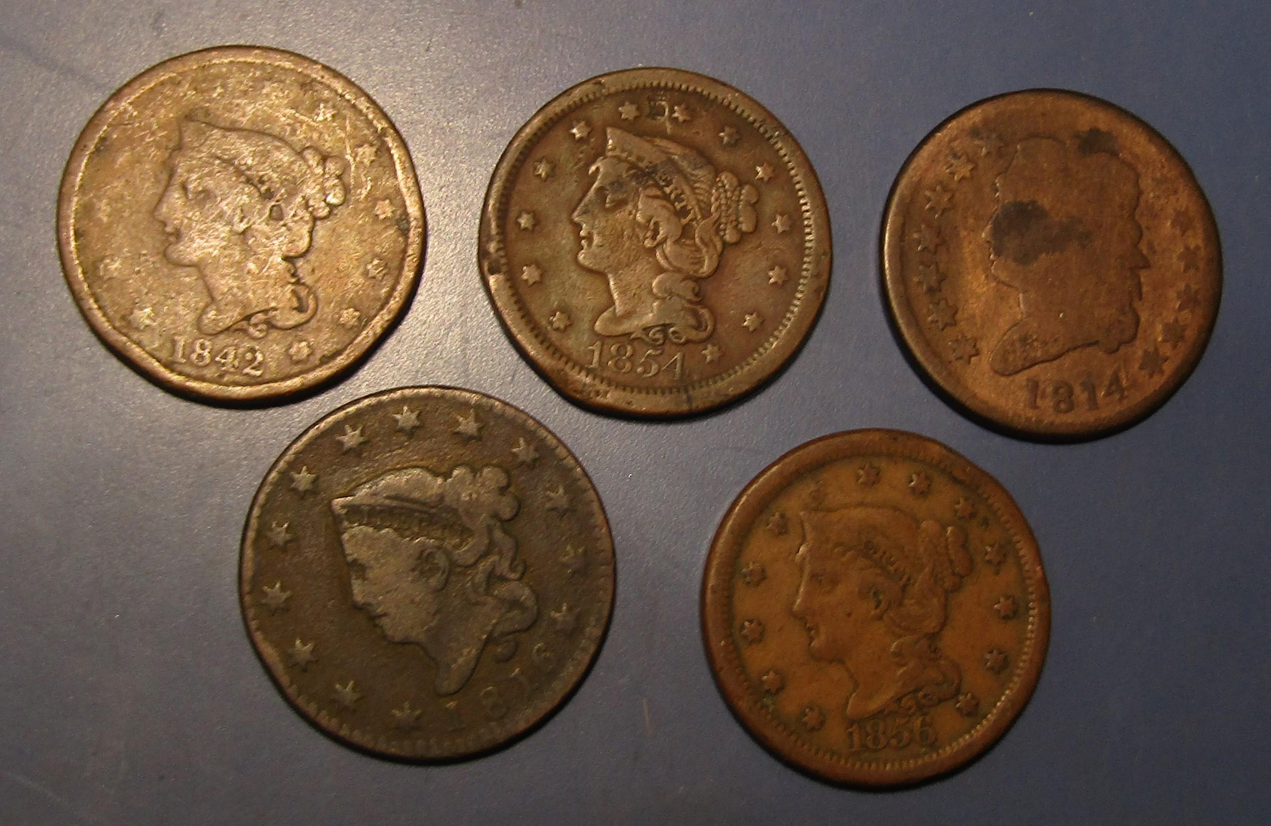 LOT OF FIVE CULL/LOW GRADE LARGE CENTS (5 COINS)