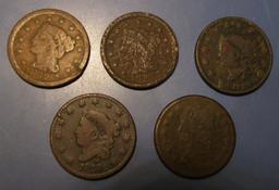 LOT OF FIVE CULL/LOW GRADE LARGE CENTS (5 COINS)