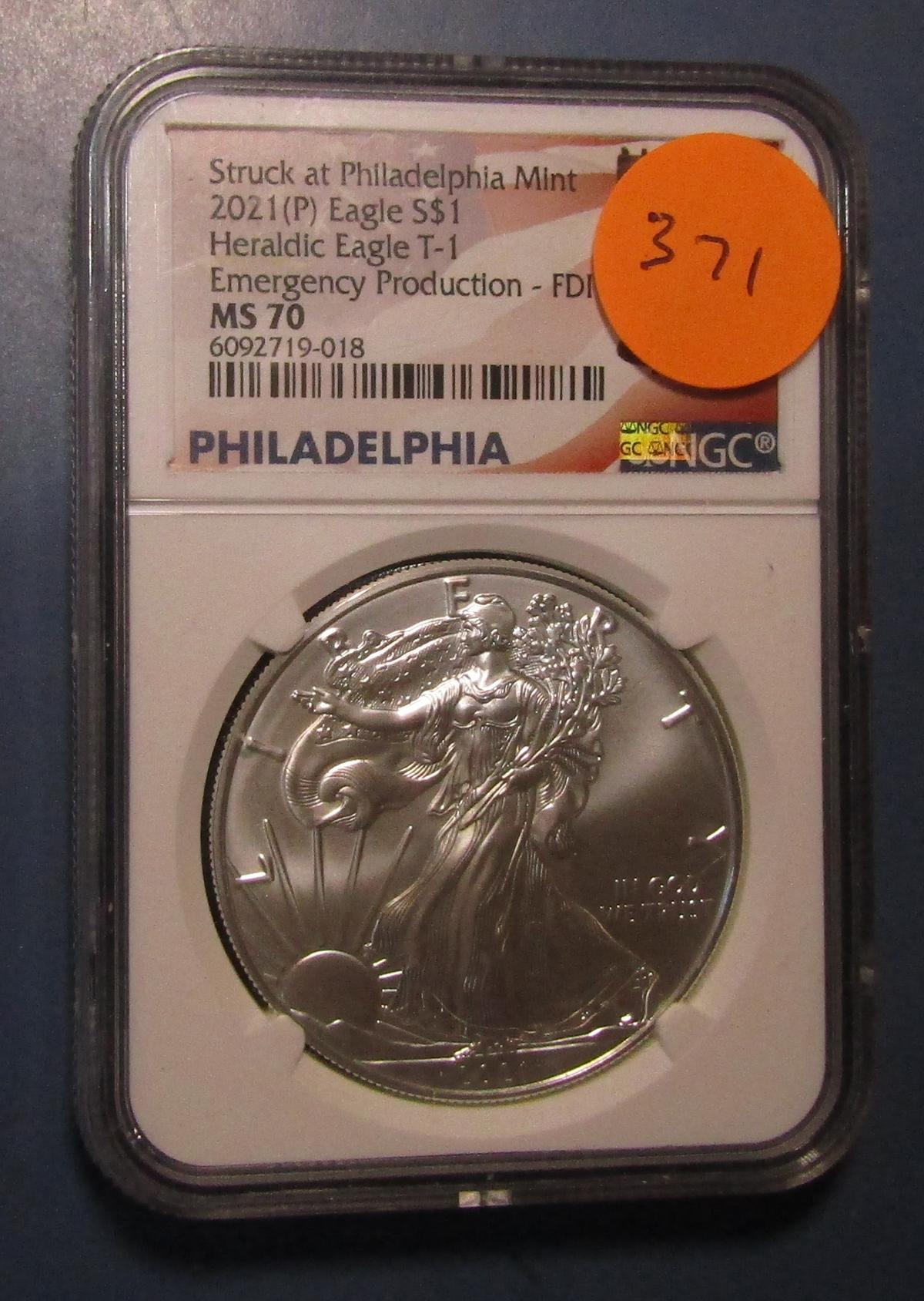 2021-P SILVER AMERICAN EAGLE T-1 NGC MS-70