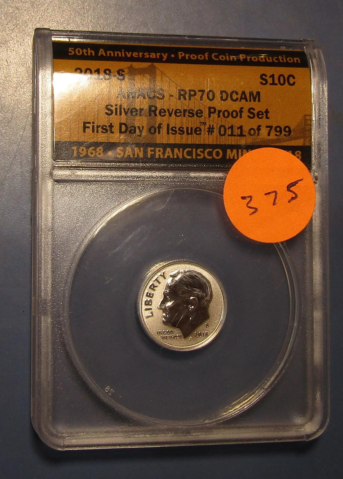 2018-S SILVER REVERSE DIME ANACS PF-70 DEEP CAMEO