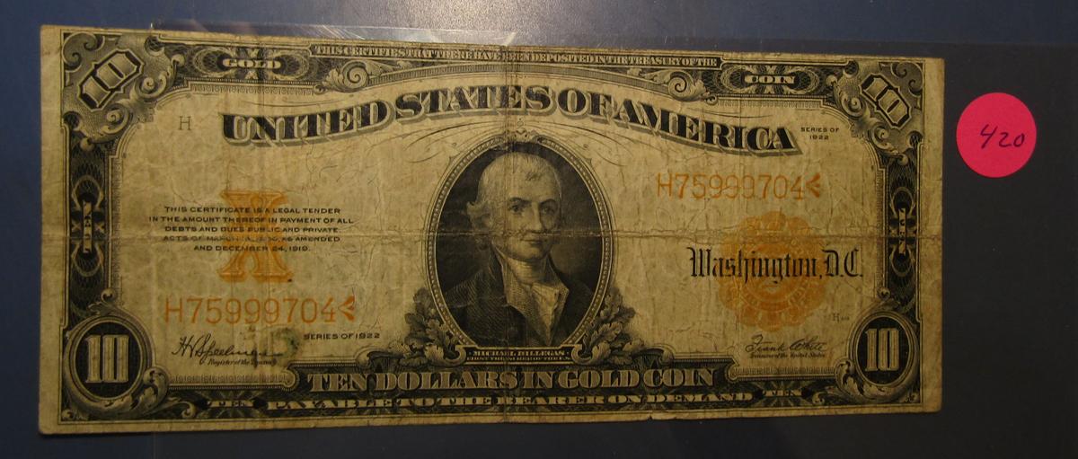 1922 $10.00 GOLD NOTE F/VF