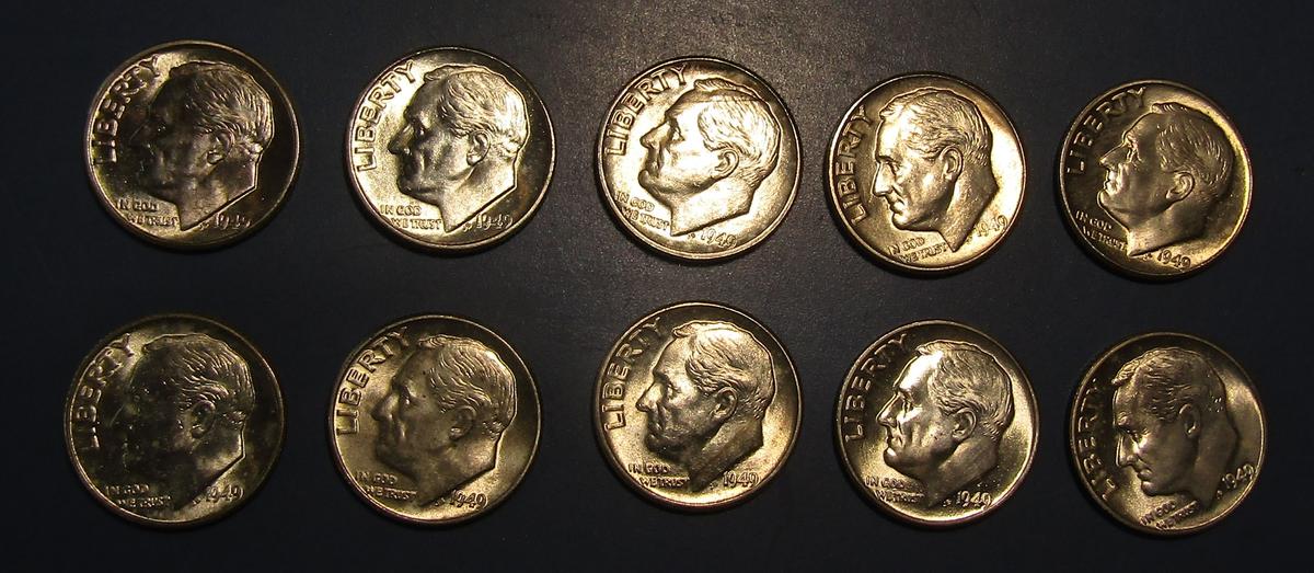 LOT OF TEN 1949 ROOSEVELT DIMES GEM BU (10 COINS)