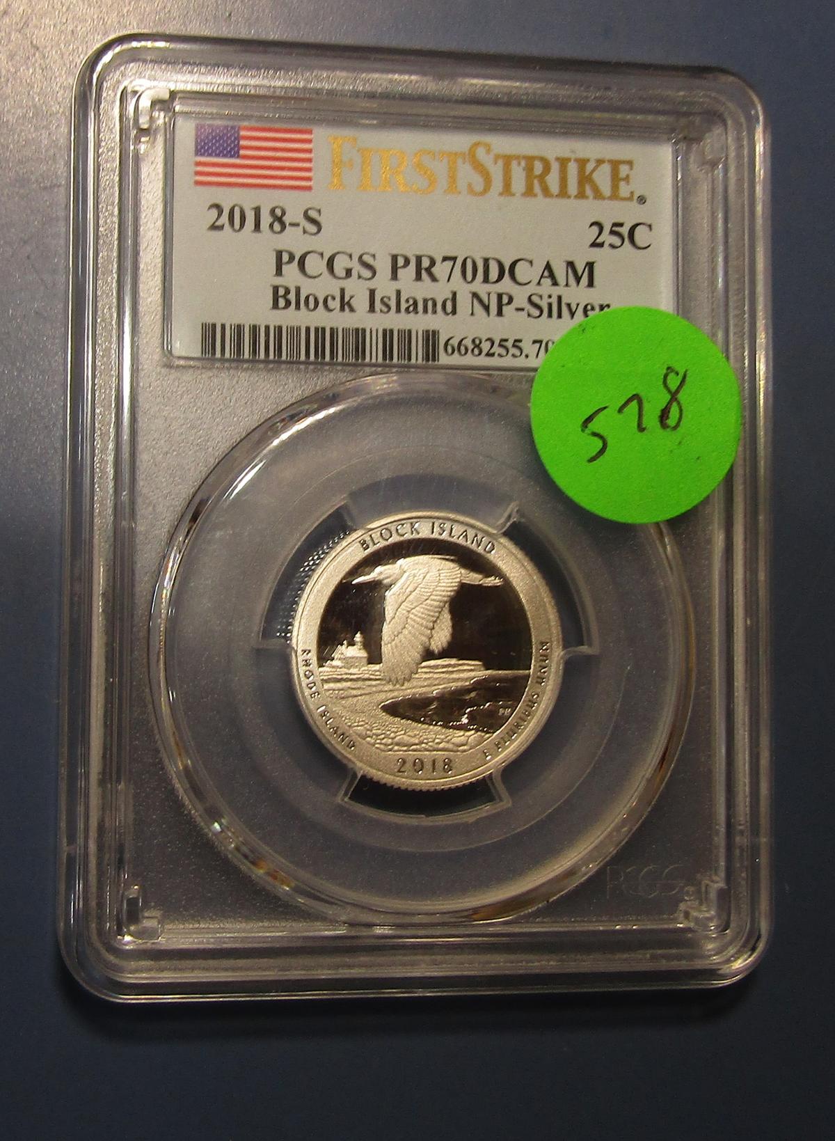 2018-S SILVER BLOCK ISLAND NP QUARTER PCGS PF-70 DEEP CAMEO