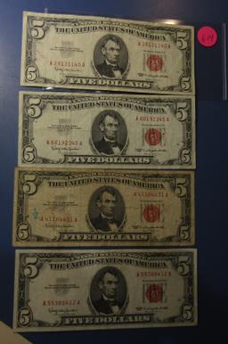 LOT OF NINE 1953/1963 $5.00 US NOTES AVE. CIRC. (9 NOTES)