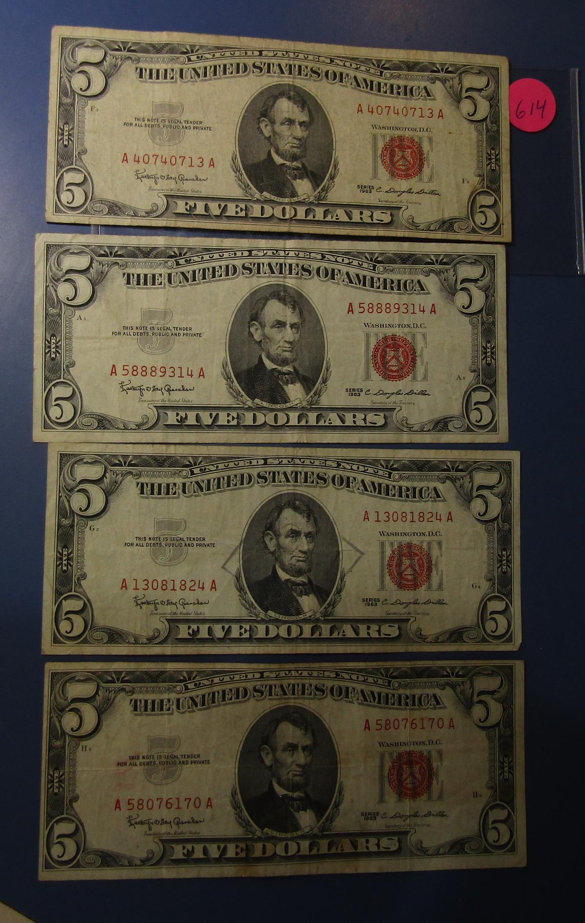 LOT OF NINE 1953/1963 $5.00 US NOTES AVE. CIRC. (9 NOTES)