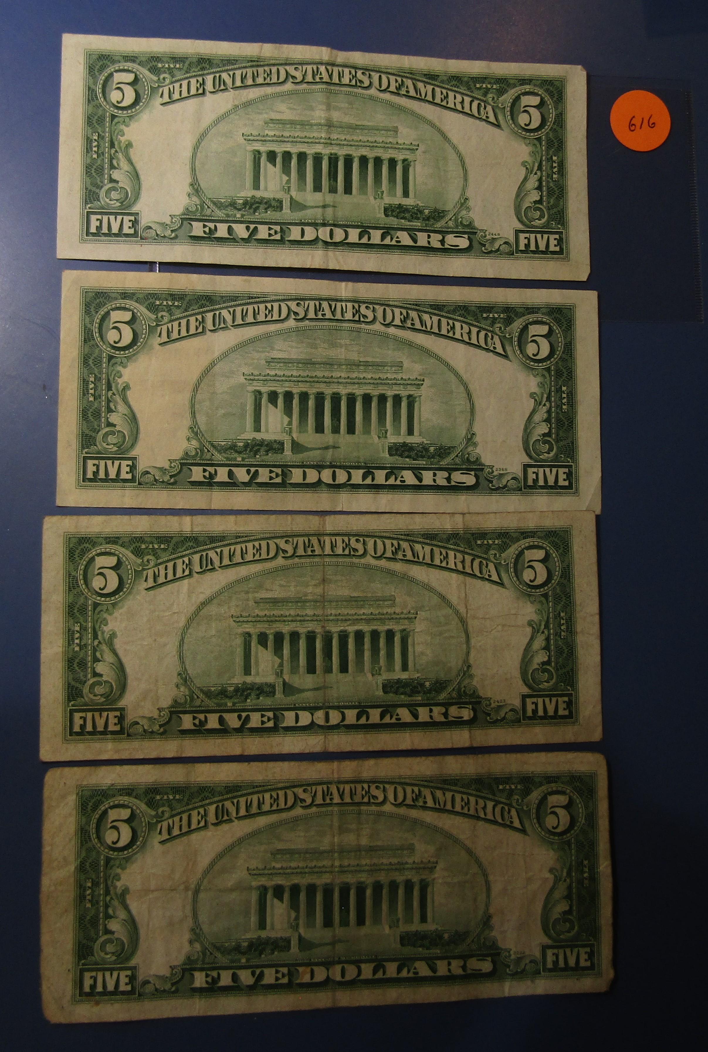 LOT OF ELEVEN MISC. 1953 $5.00 SILVER CERTIFICATE NOTES AVE. CIRC. (11 NOTE