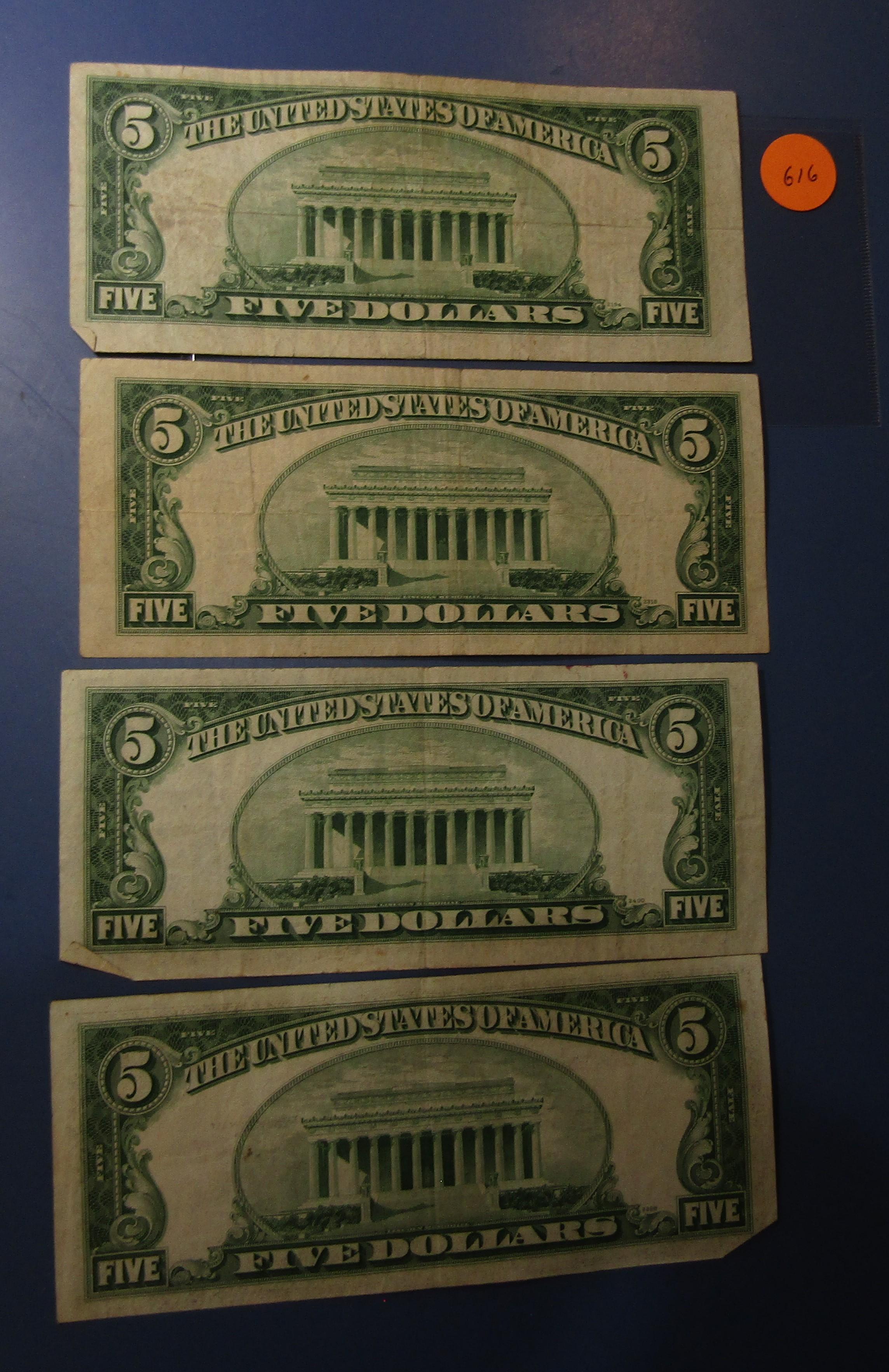 LOT OF ELEVEN MISC. 1953 $5.00 SILVER CERTIFICATE NOTES AVE. CIRC. (11 NOTE