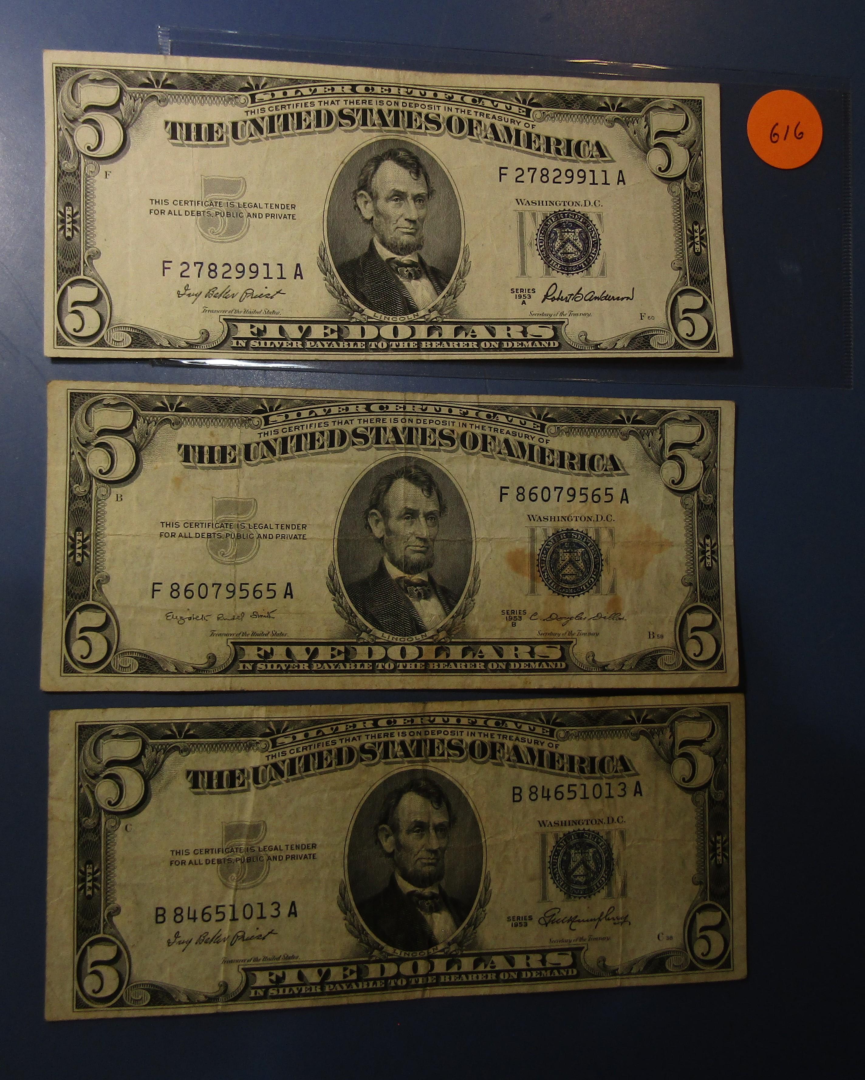 LOT OF ELEVEN MISC. 1953 $5.00 SILVER CERTIFICATE NOTES AVE. CIRC. (11 NOTE