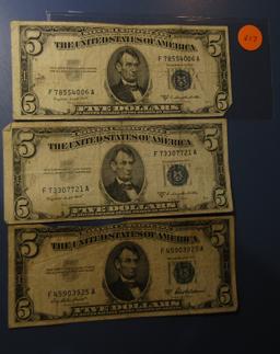 LOT OF ELEVEN MISC. 1953 $5.00 SILVER CERTIFICATE NOTES AVE. CIRC. (11 NOTE