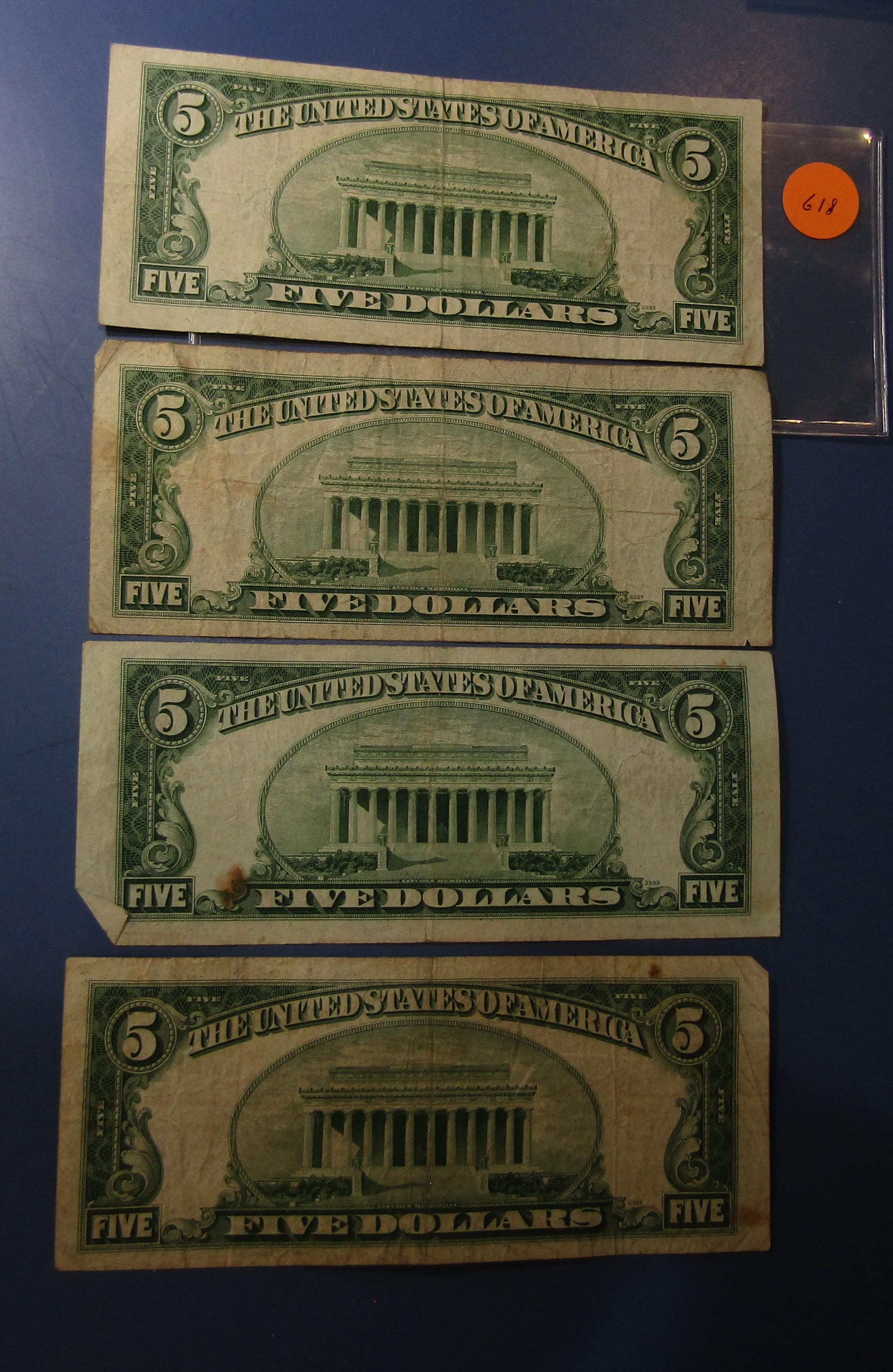 LOT OF TEN MISC. 1953 $5.00 SILVER CERTIFICATE NOTES AVE. CIRC. (10 NOTES)
