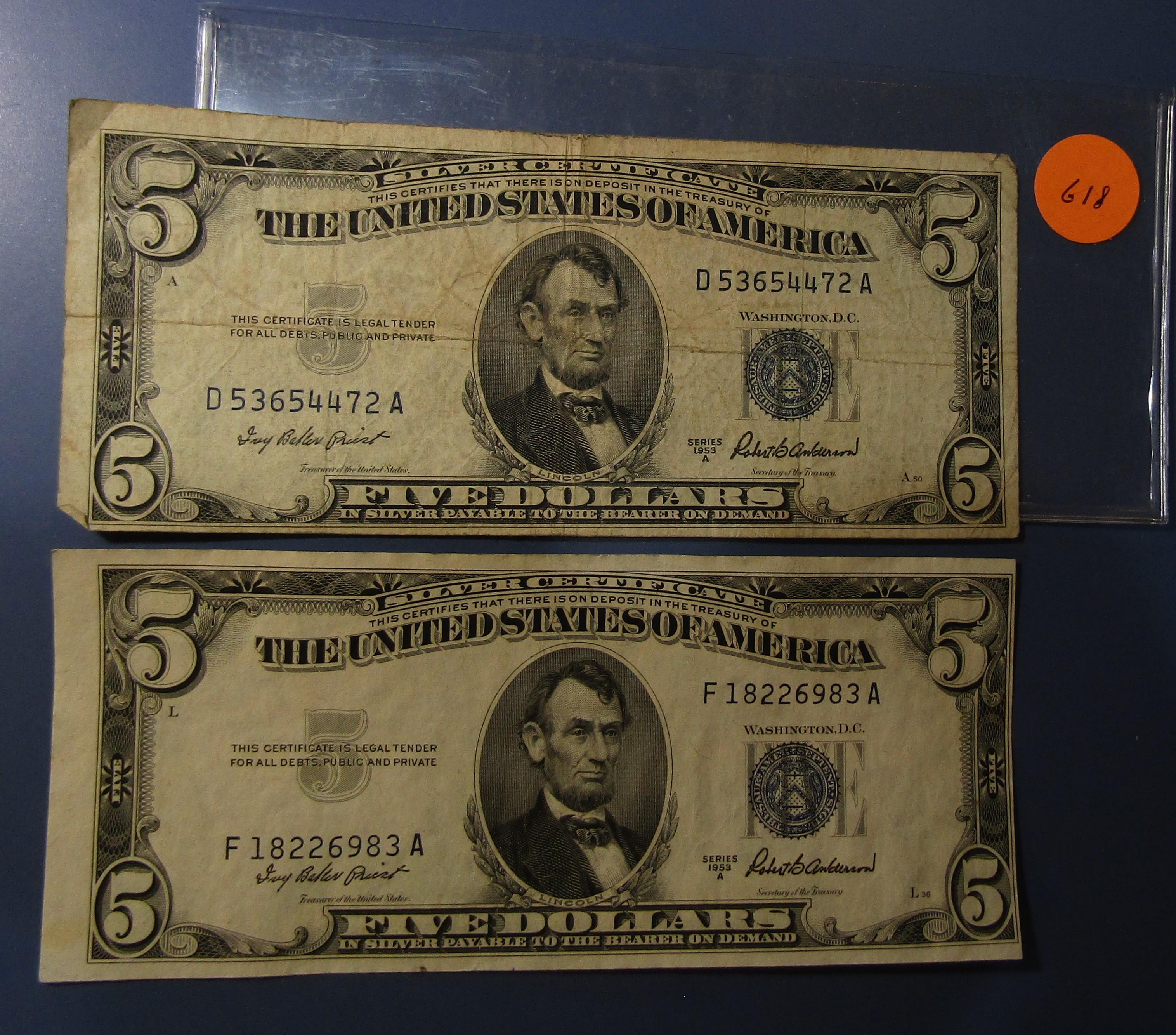 LOT OF TEN MISC. 1953 $5.00 SILVER CERTIFICATE NOTES AVE. CIRC. (10 NOTES)