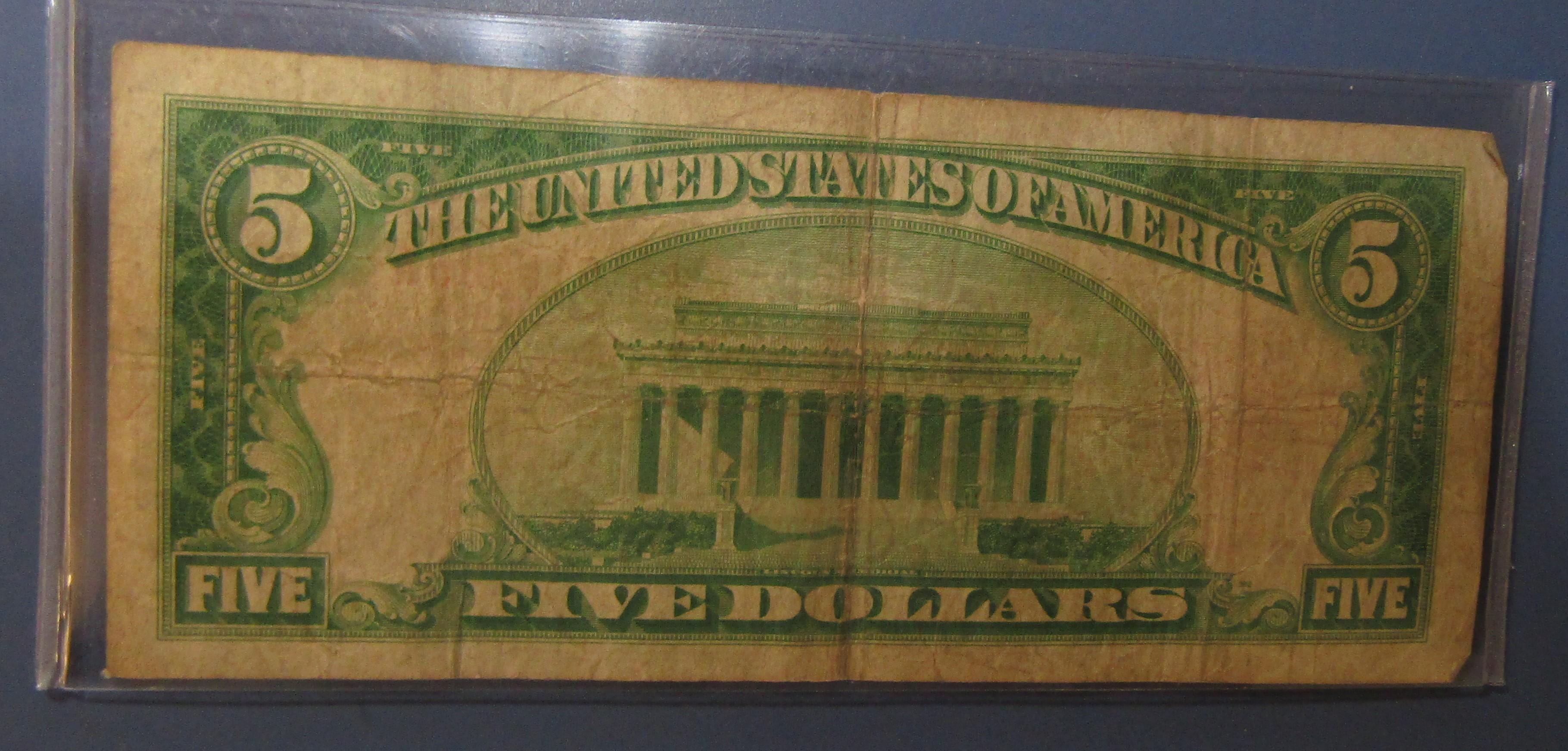 1928 $5.00 RED SEAL US NOTE FINE