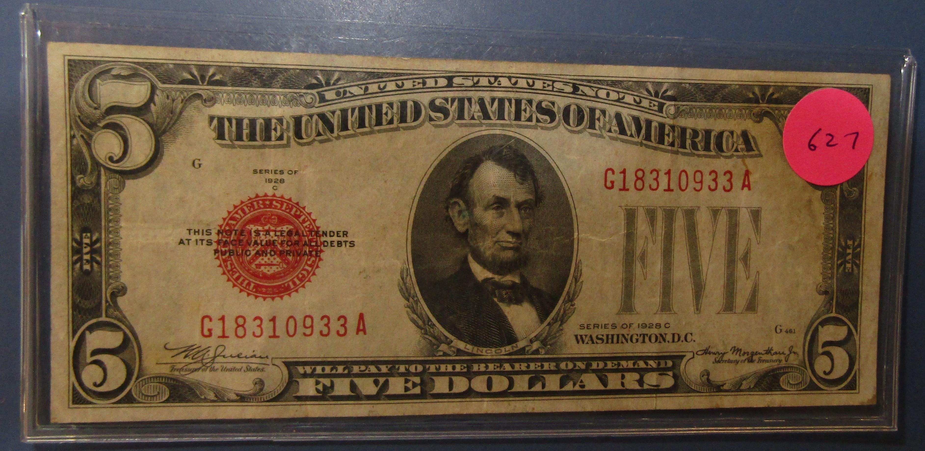 1928-C $5.00 US RED SEAL NOTE XF