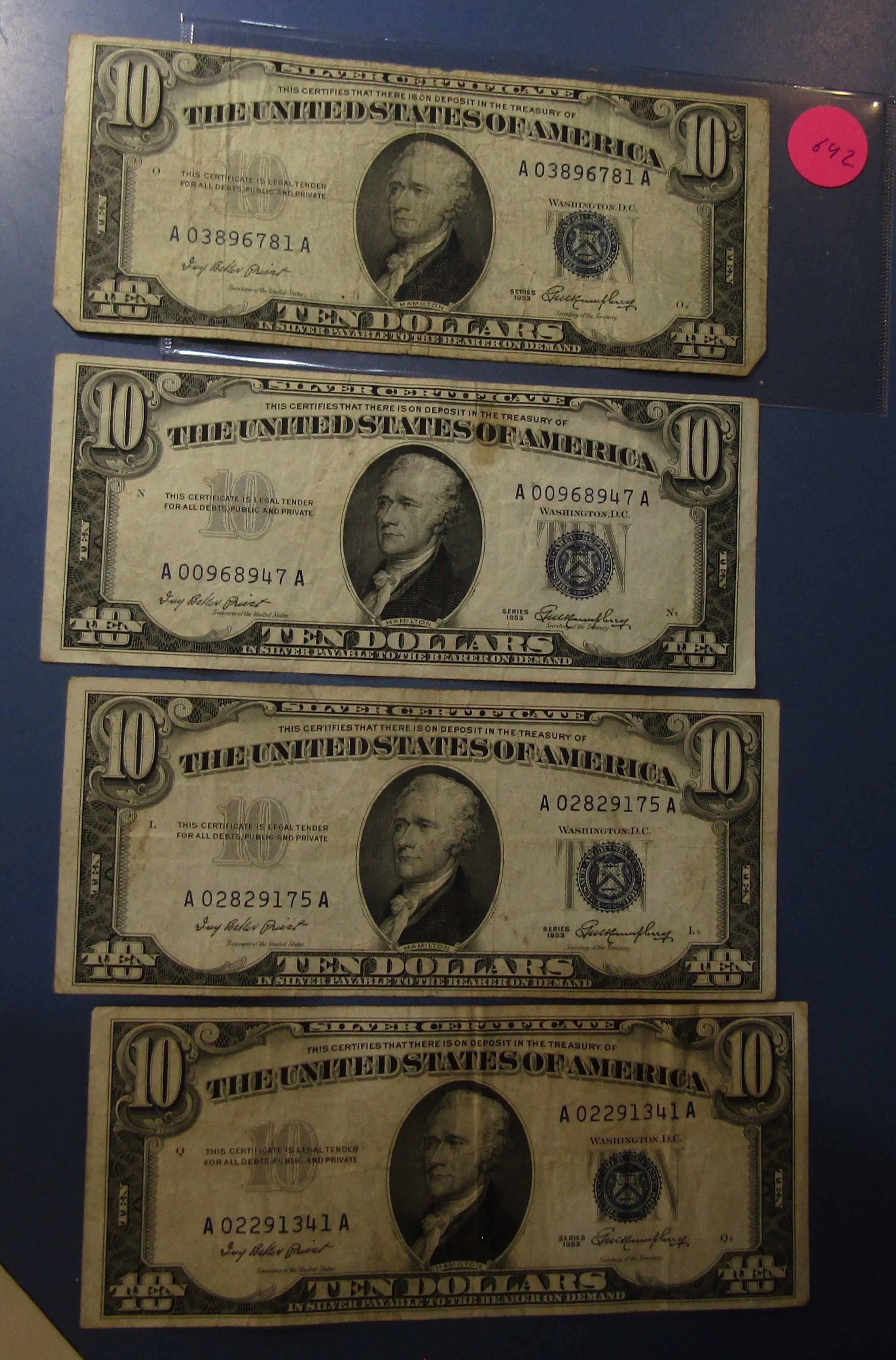 LOT OF EIGHT 1953 $10.00 SILVER CERTIFICATE NOTES AVE. CIRC. (8 NOTES)