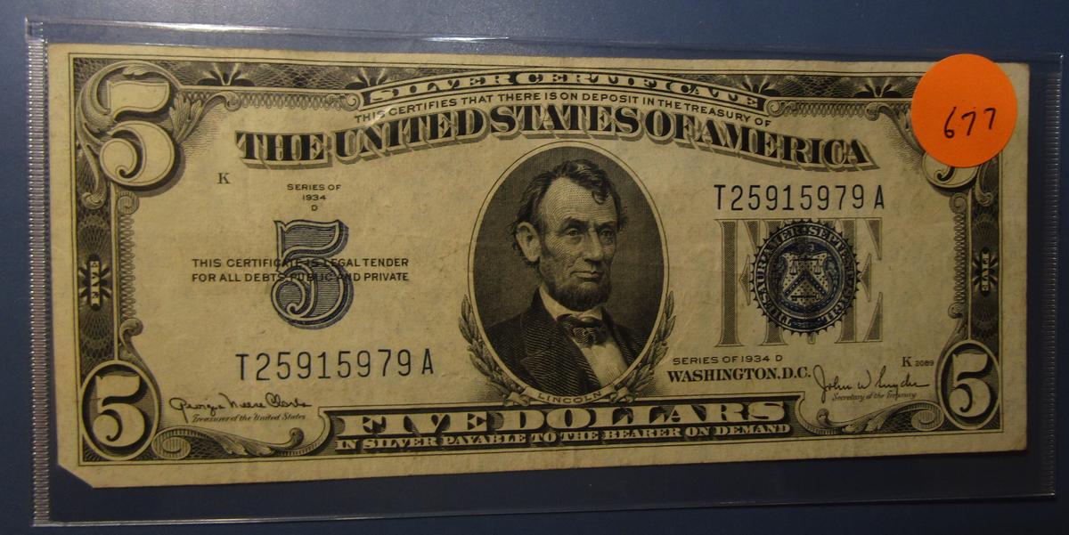 1934-D $5.00 SILVER CERTIFICATE NOTE XF