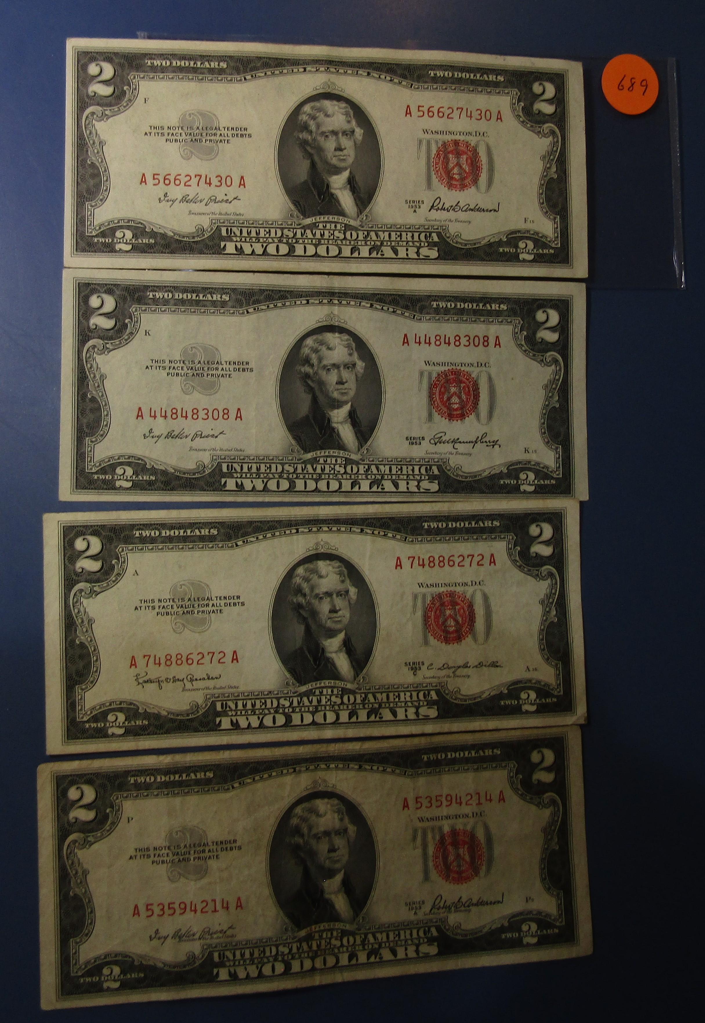 LOT OF TWENTY ONE MISC. 1953 $2.00 US NOTES FINE-UNC INCL. STAR NOTE (21 NO