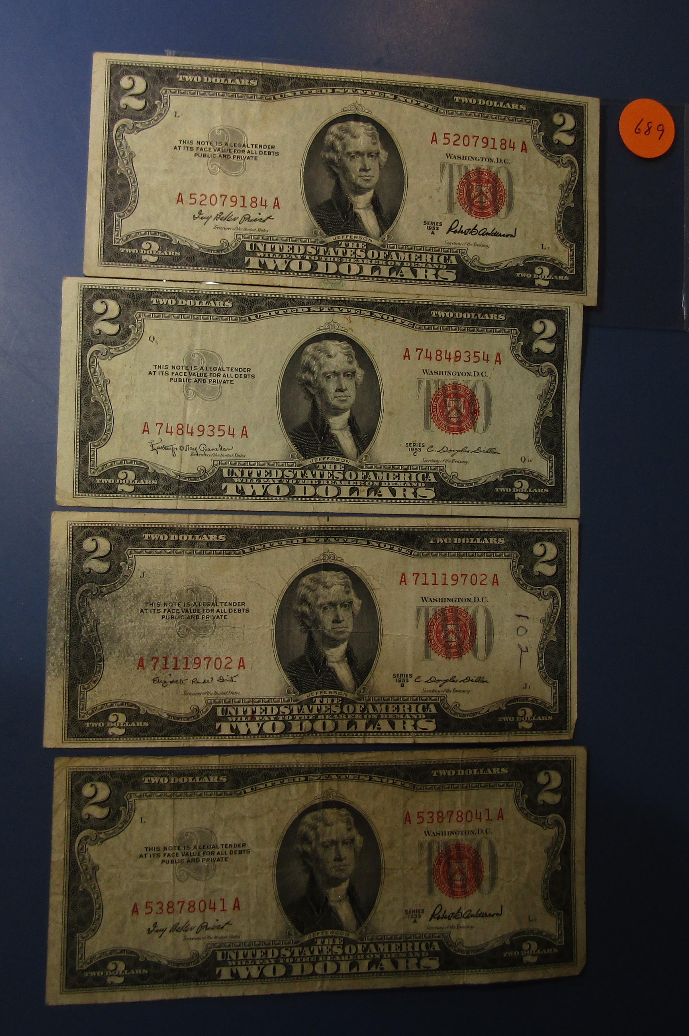 LOT OF TWENTY ONE MISC. 1953 $2.00 US NOTES FINE-UNC INCL. STAR NOTE (21 NO