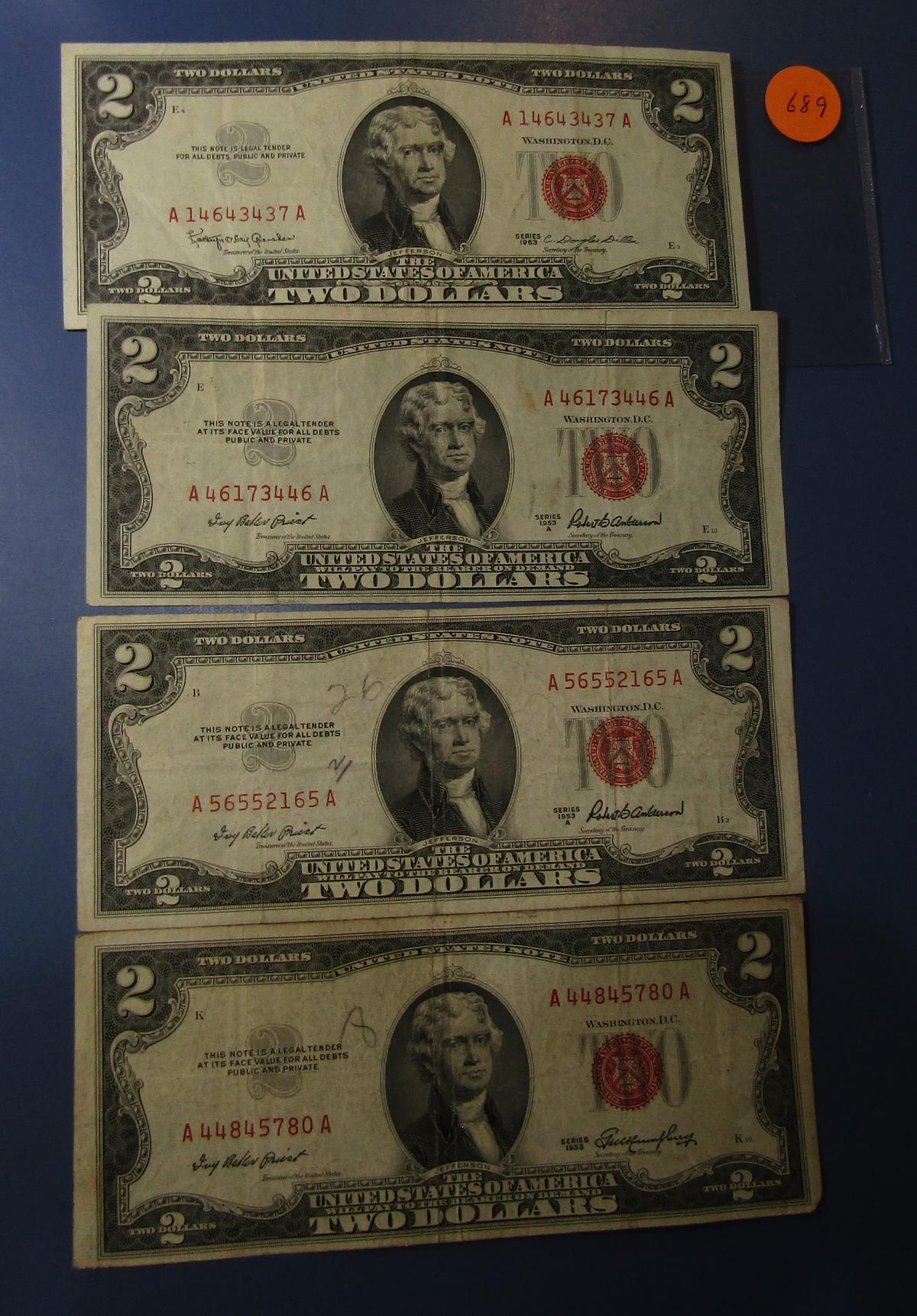 LOT OF TWENTY ONE MISC. 1953 $2.00 US NOTES FINE-UNC INCL. STAR NOTE (21 NO