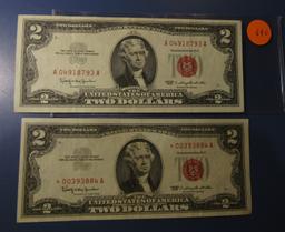 LOT OF FOURTEEN ONE MISC. 1963 $2.00 US NOTES FINE-UNC INCL. STAR NOTE (14