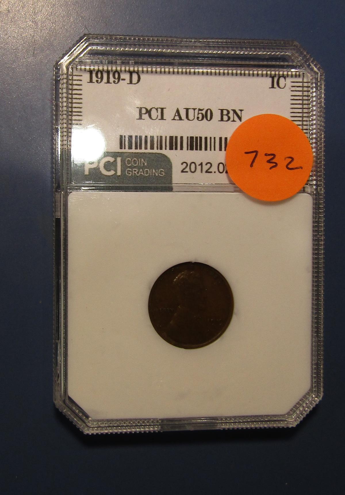 1919-D LINCOLN CENT PCI AU-50 BROWN