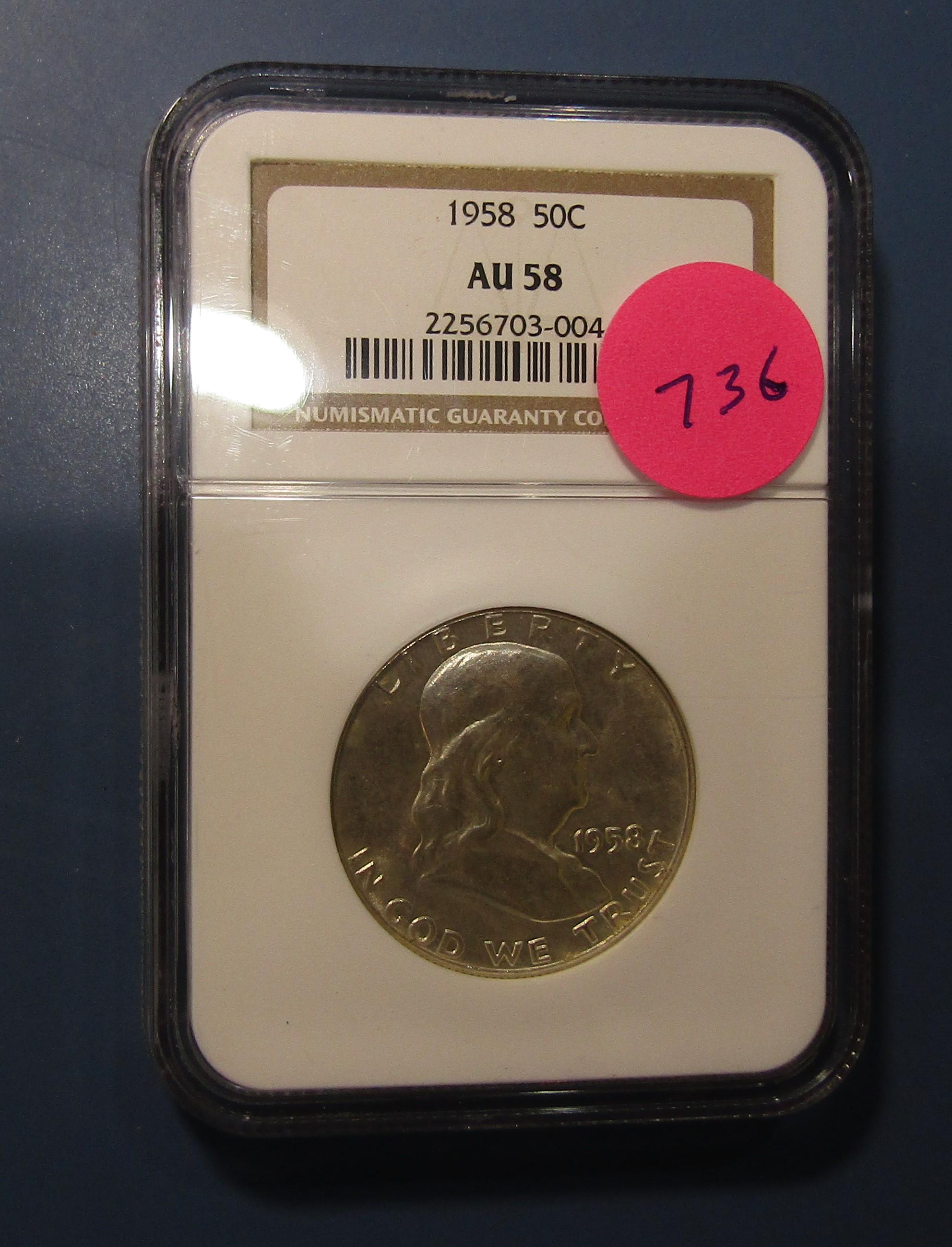 1958 FRANKLIN HALF DOLLAR NGC AU-58