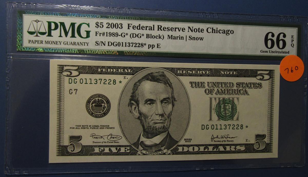 2003 $5.00 FRN CHICAGO NOTE FR 1989-G* PMG GEM UNC 66 EPQ