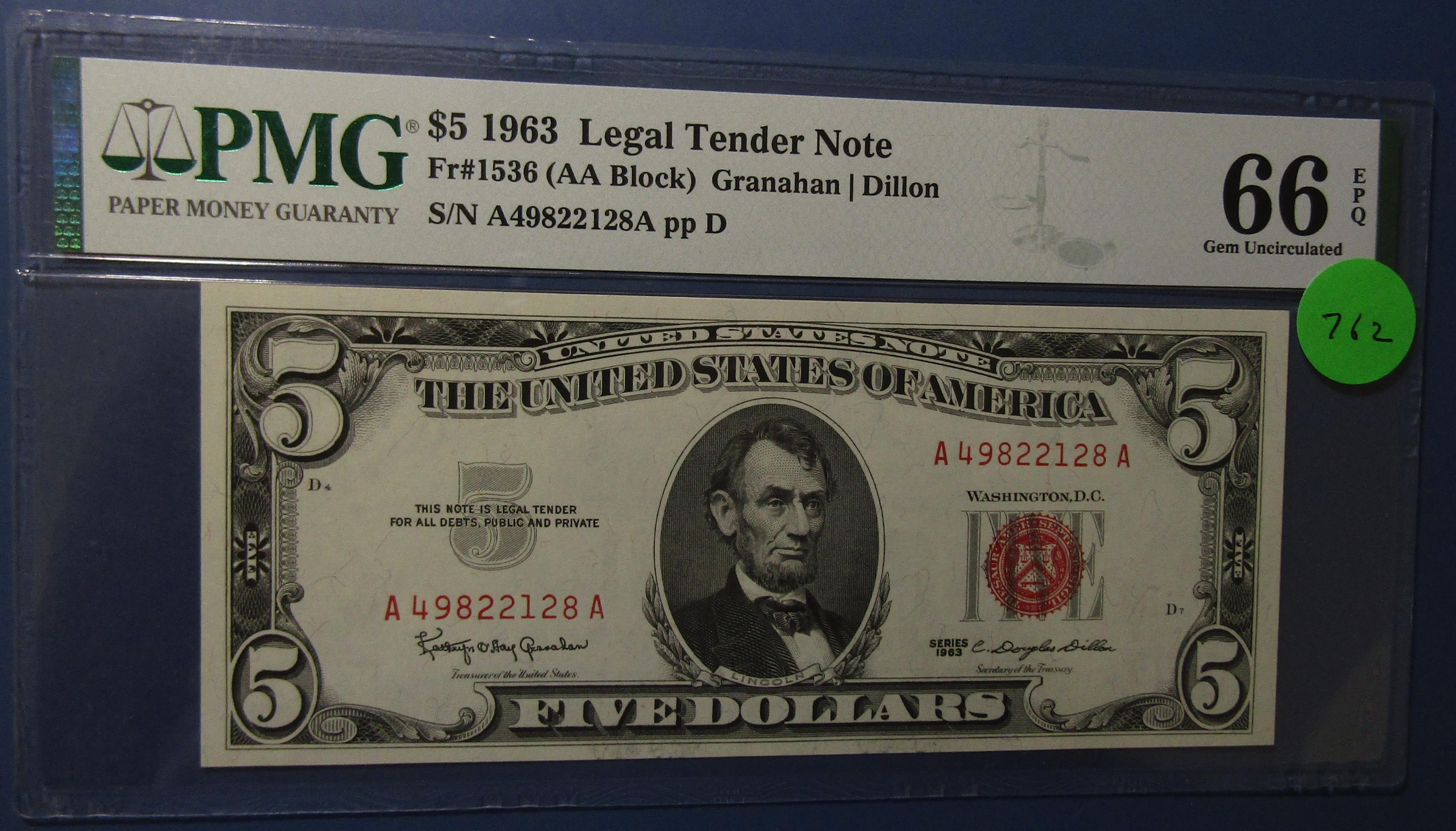 1963 $5.00 LEGAL TENDER NOTE FR 1536 PMG GEM UNC 66 EPQ