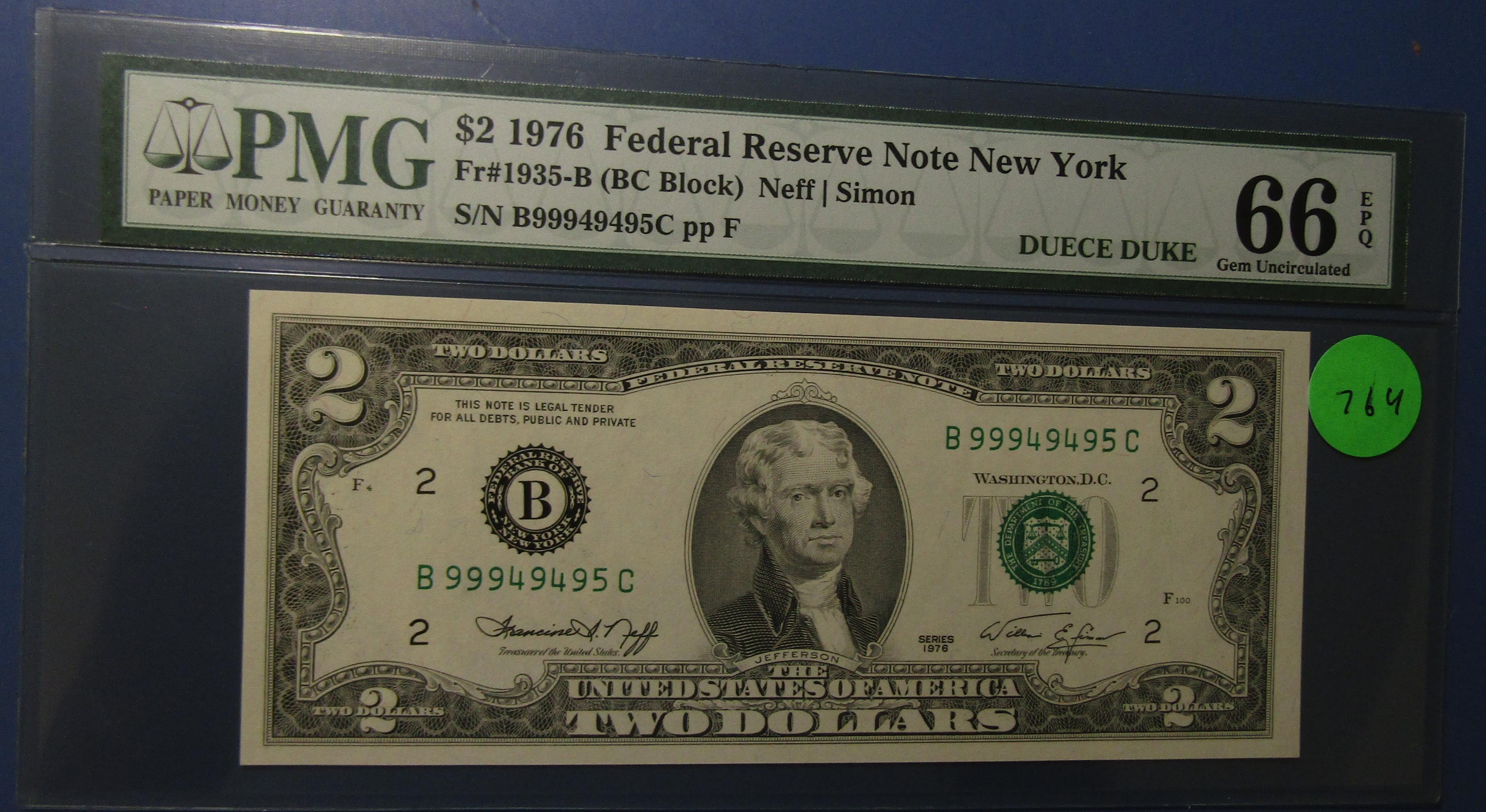 1976 $2.00 FRN NEW YORK FR 1935-B DUECE DUKE PMG GEM UNC 66 EPQ