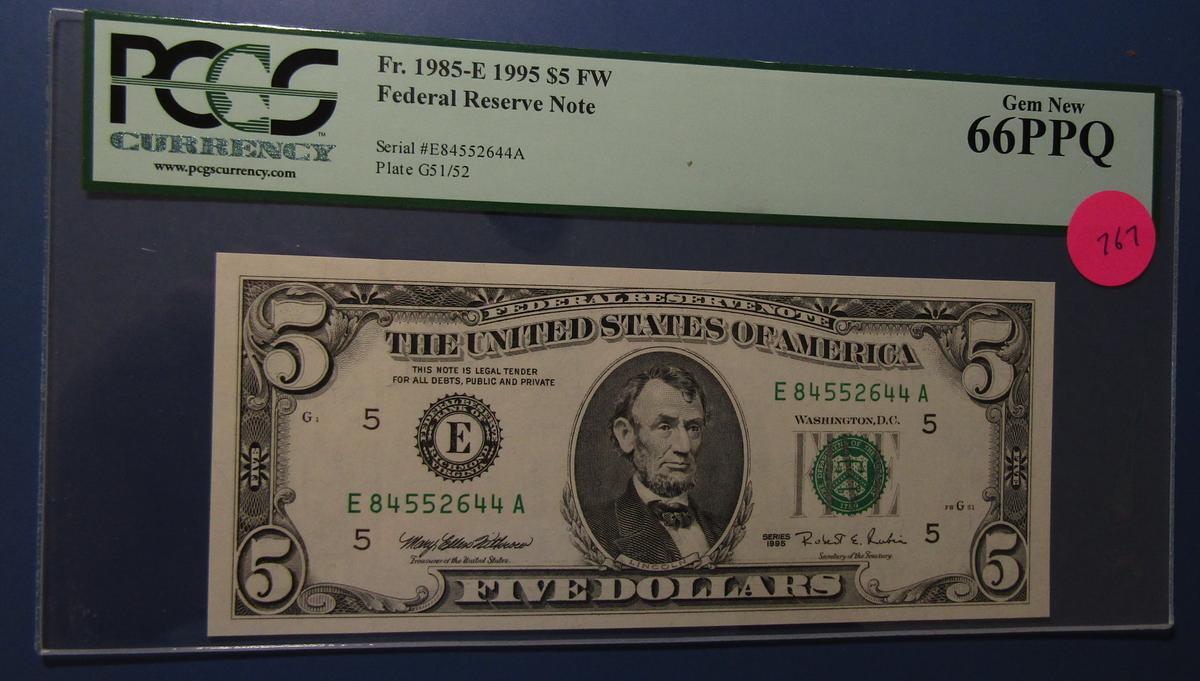 1995 $5.00 FRN FR 1985-E PCGS GEM NEW 66 PPQ