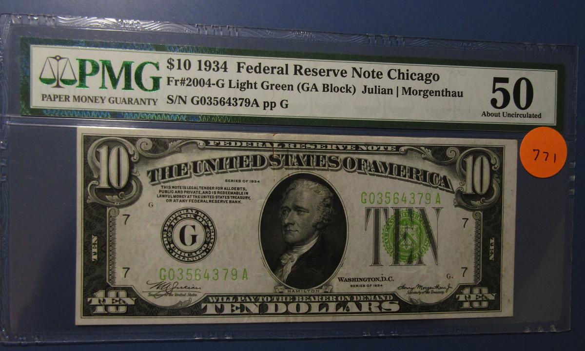 1934 $10.00 FRN CHICAGO FR 2004-G PMG AU-50