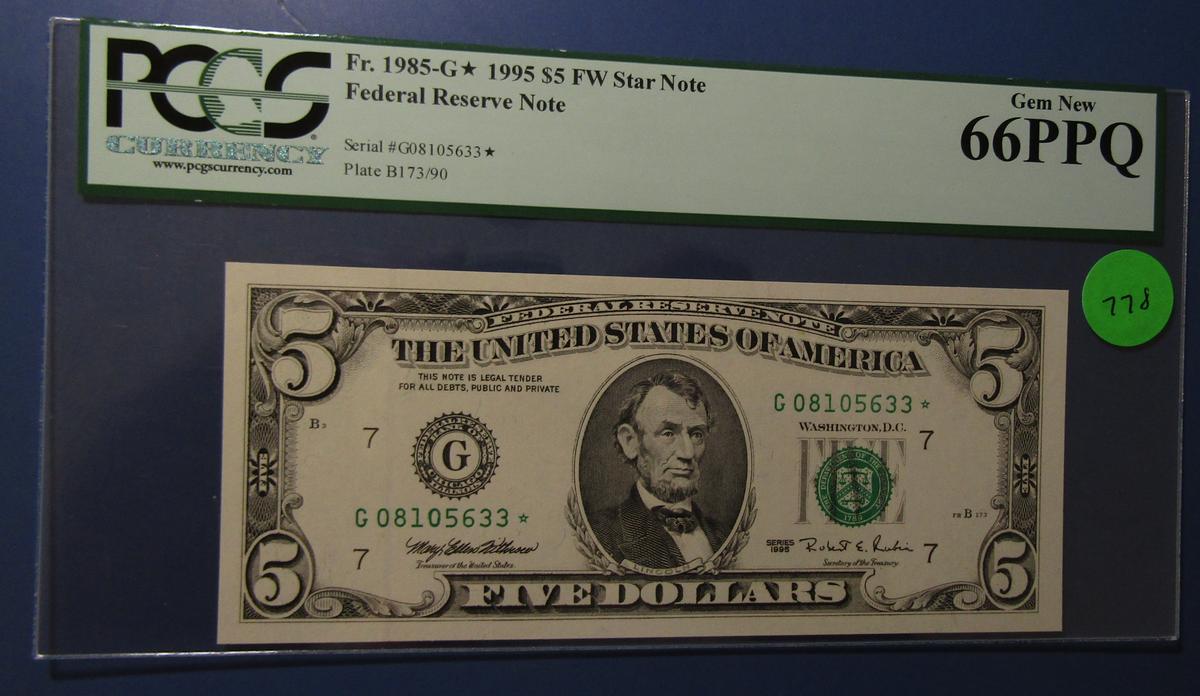 1995 $5.00 FR STAR NOTE FR 1985-G* PCGS GEM NEW 66 PPQ