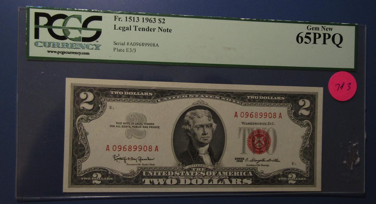 1963 $2.00 LEGAL TENDER NOTE FR 1513 PCGS GEM NEW 65 PPQ