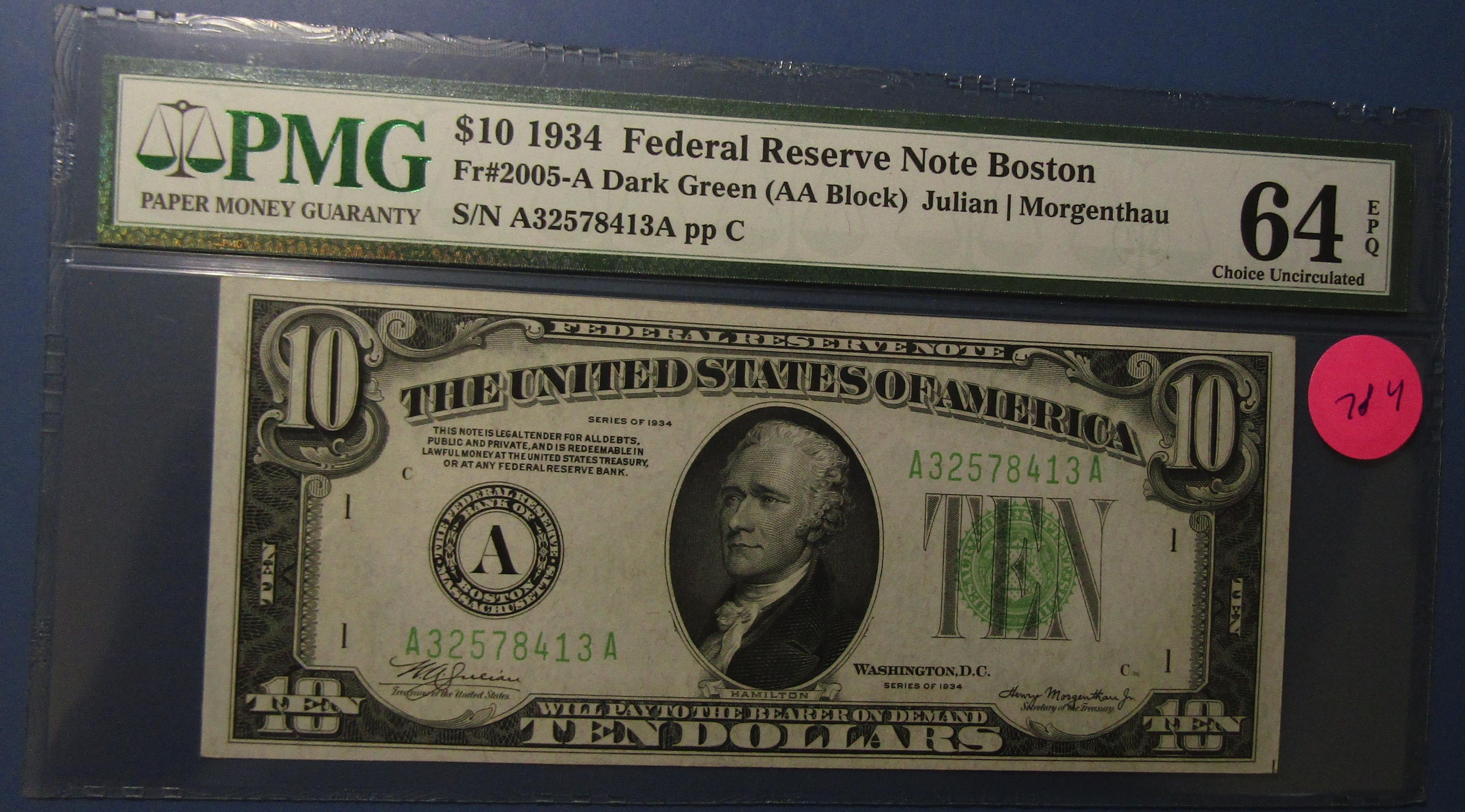 1934 $10.00 FRN BOSTON FR 2005-A PMG CHOICE UNC 64 EPQ