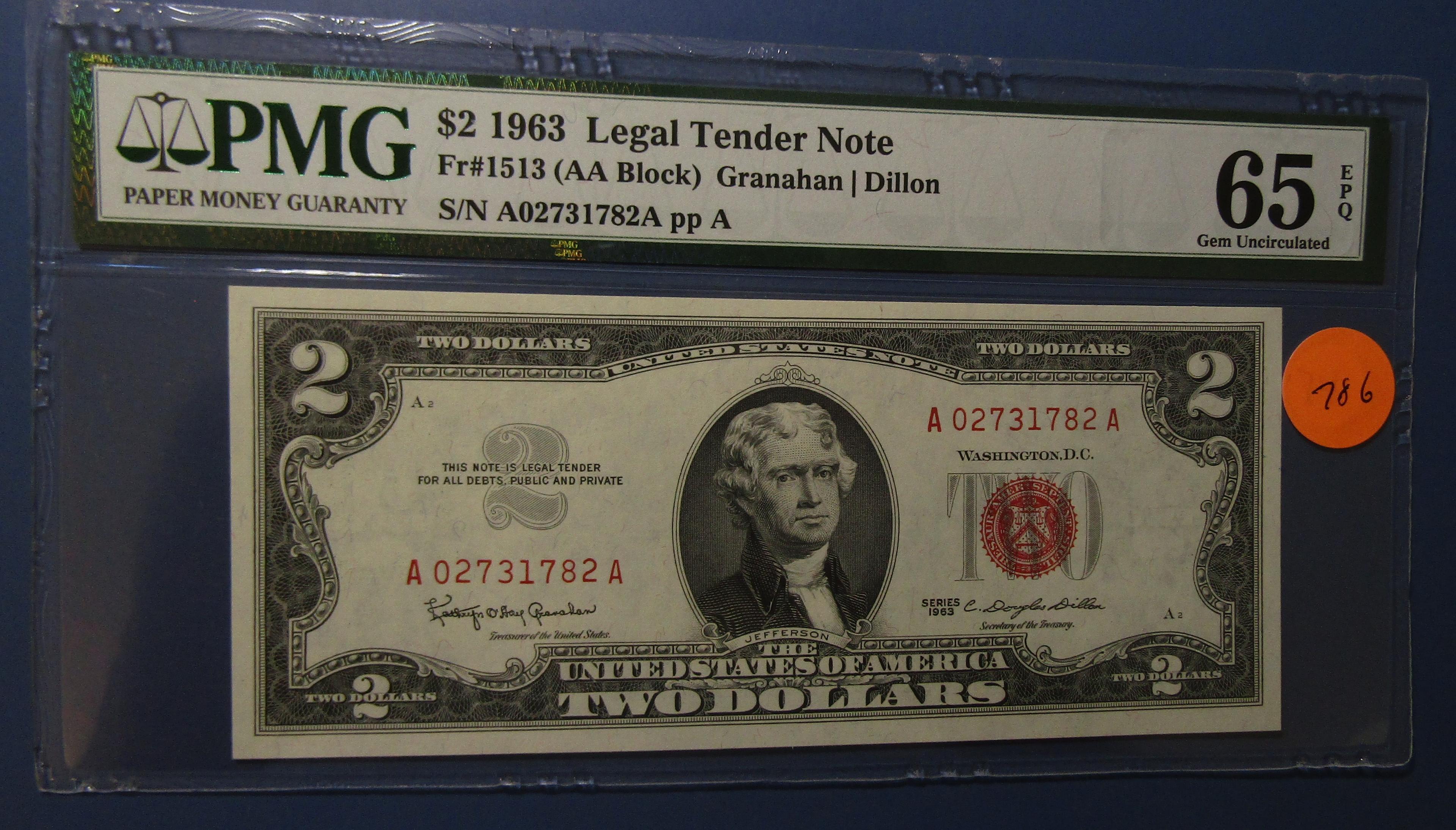 1963 $2.00 LEGAL TENDER NOTE FR 1513 PMG GEM UNC 65 EPQ