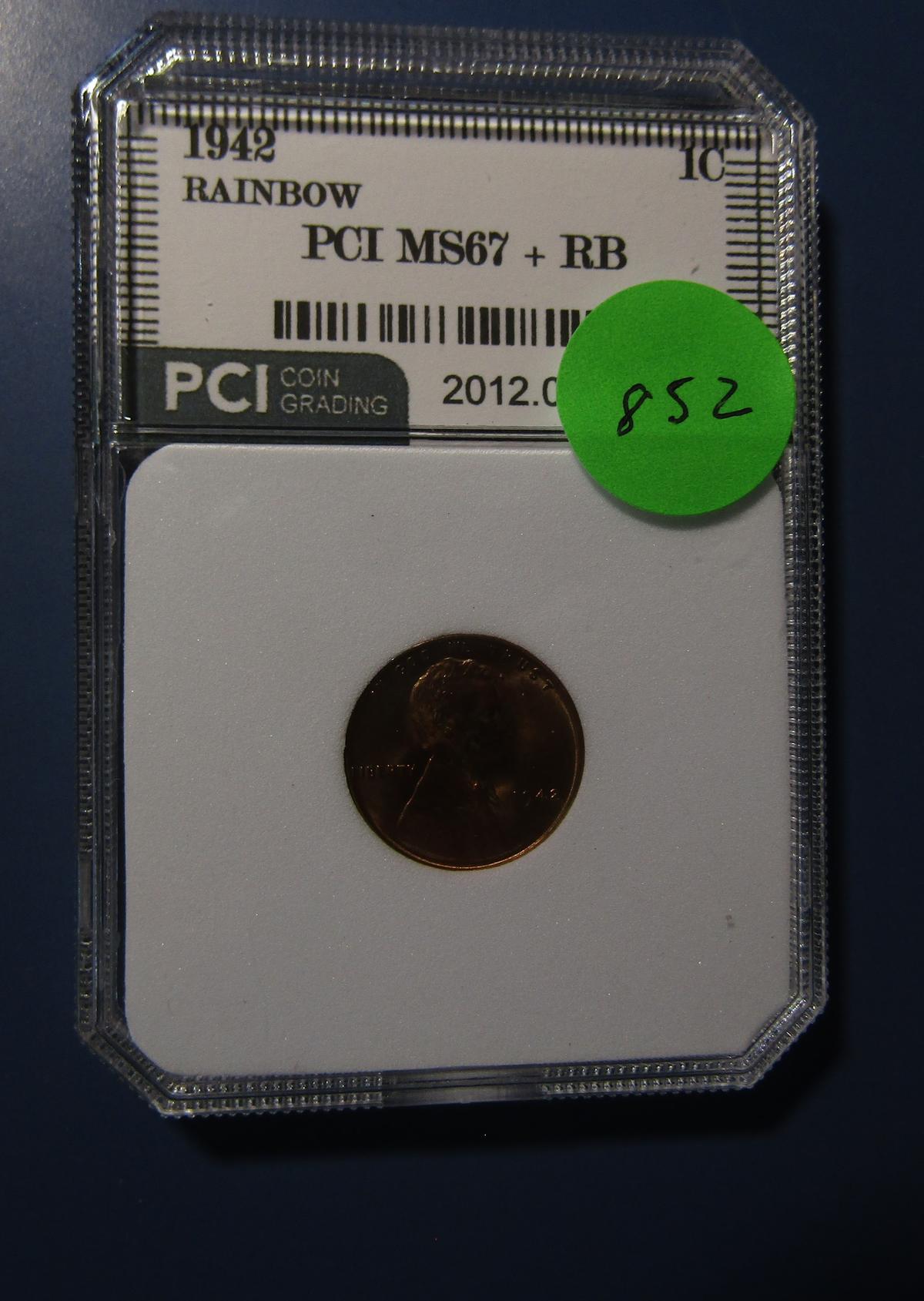 1942 LINCOLN CENT RAINBOW PCI MS-67+ RED BROWN