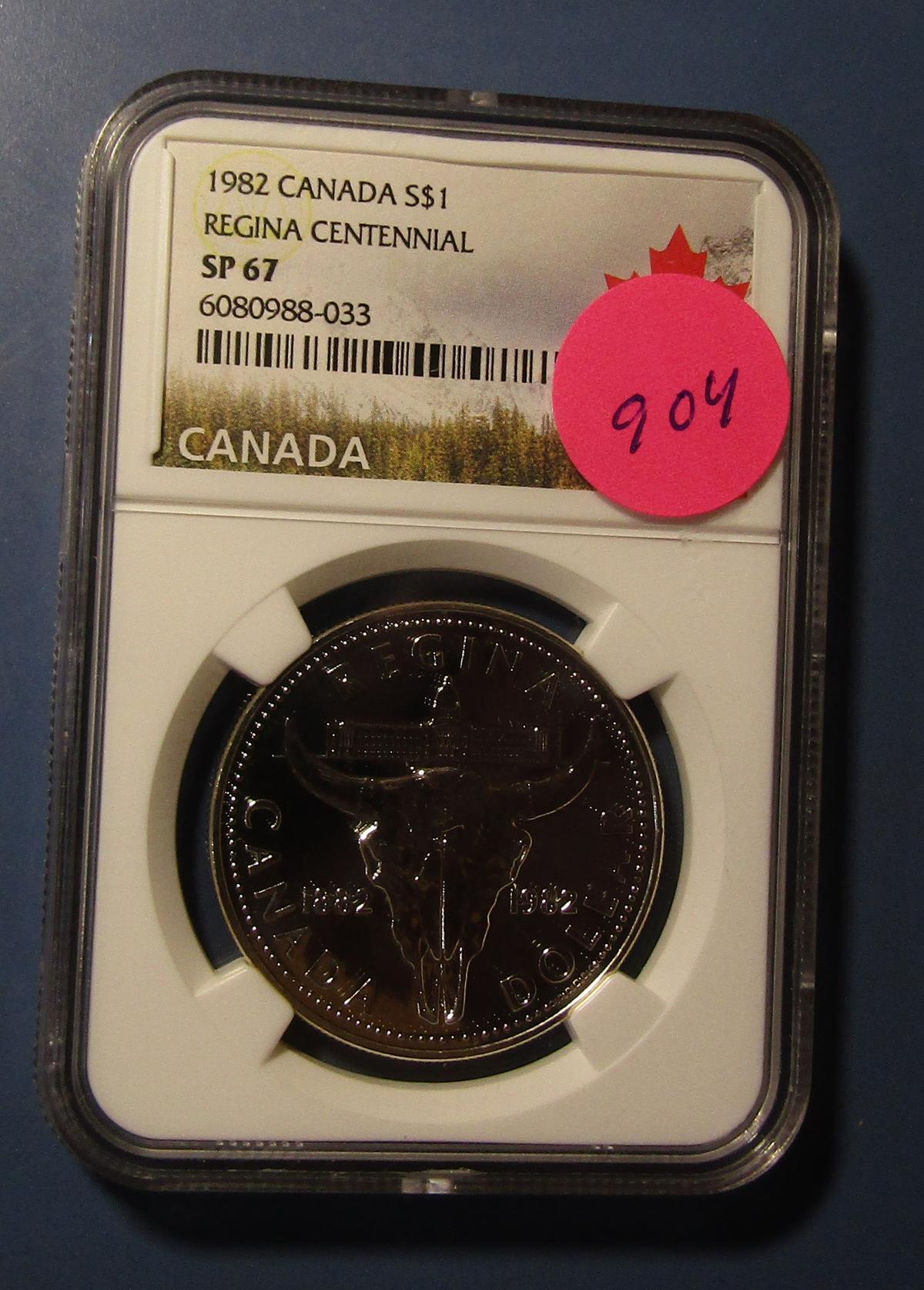 1982 CANADA REGINA CENTENNIAL SILVER DOLLAR NGC SP-67