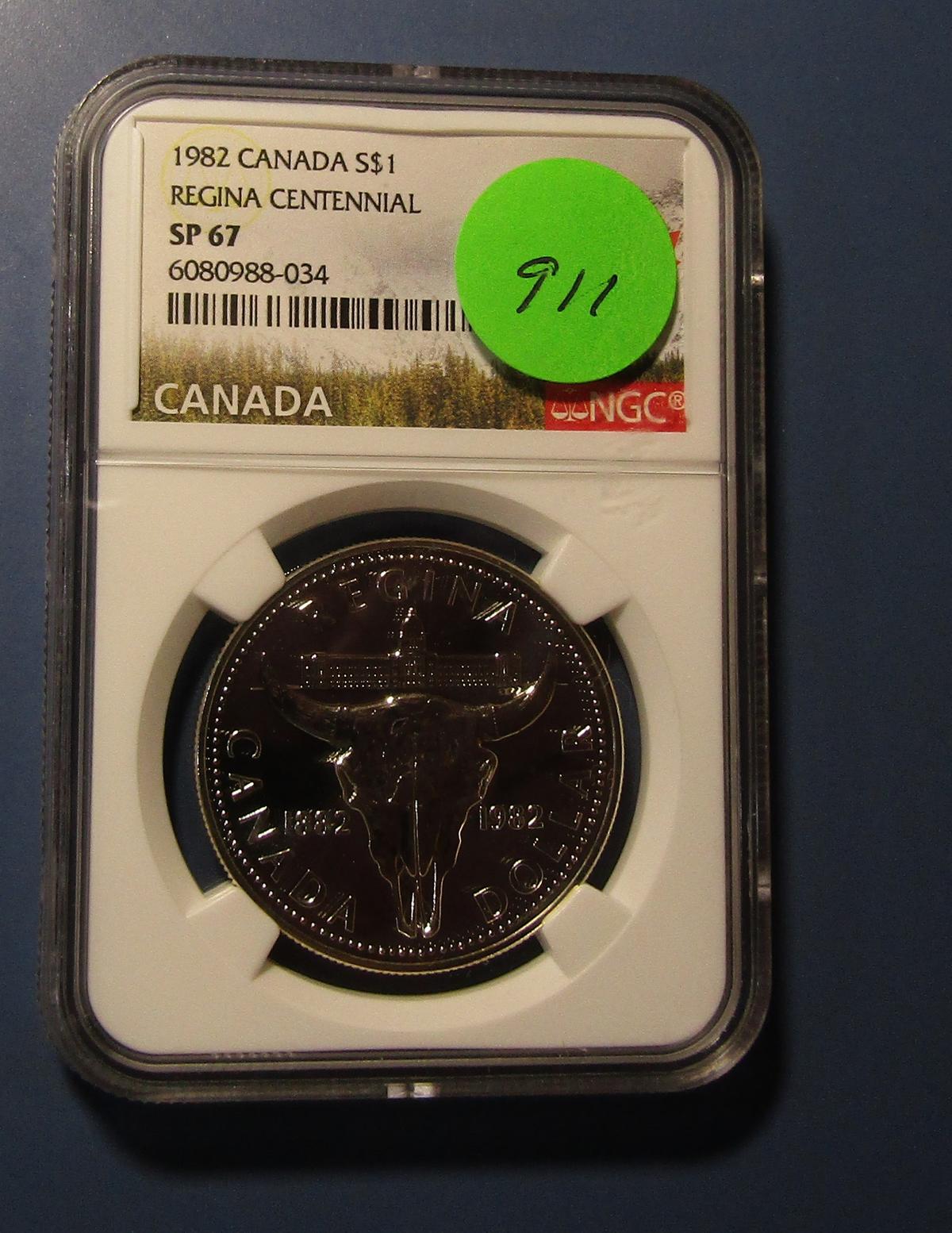 1982 CANADA REGINA CENTENNIAL SILVER DOLLAR NGC SP-67