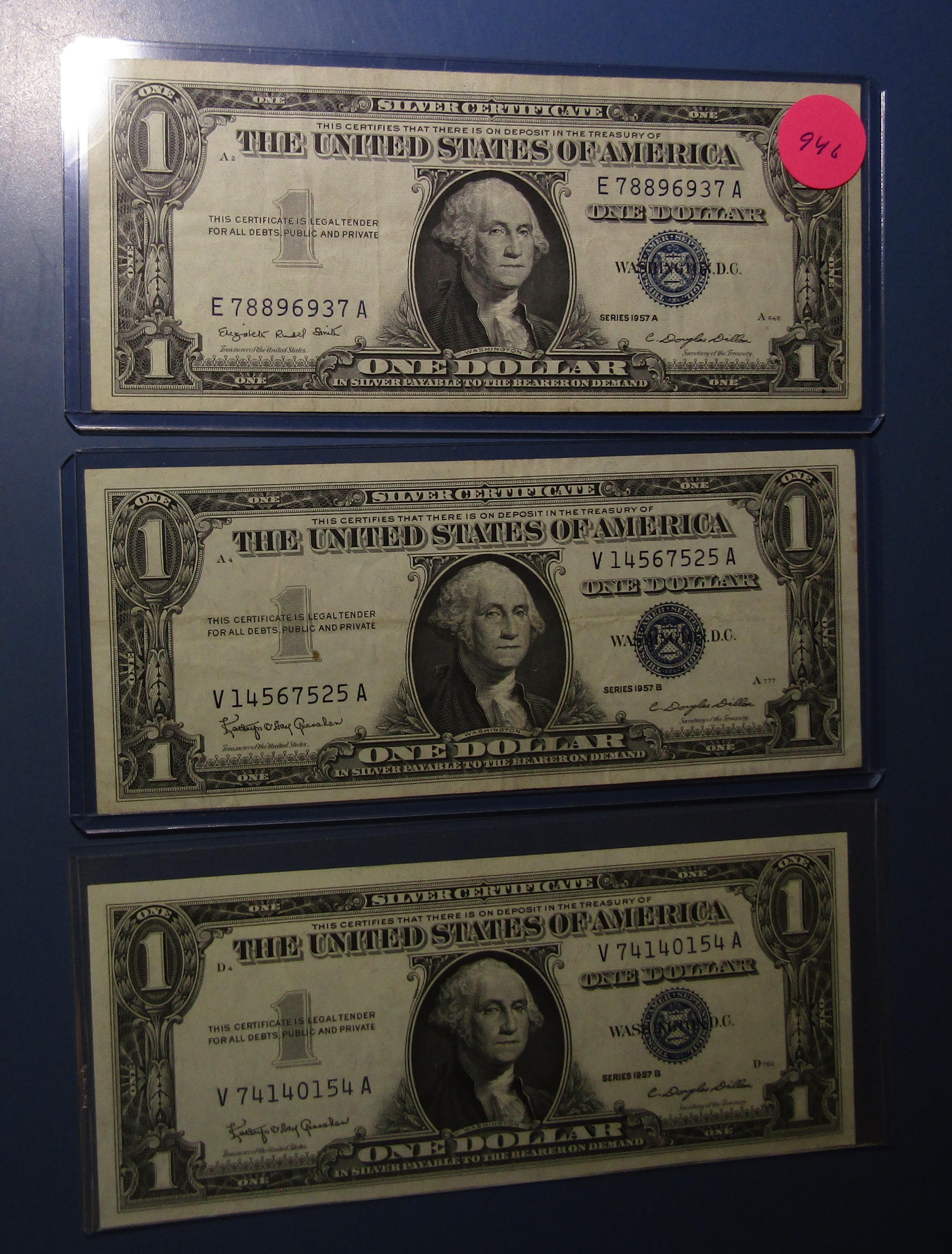 LOT OF THREE 1957 $1.00 SILVER CERTIFICATE NOTES AU+/CRISP GEM UNC (3 NOTES