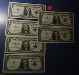 LOT OF SIX 1957-A $1.00 SILVER CERTIFICATE NOTES CRISP GEM UNC (6 NOTES)