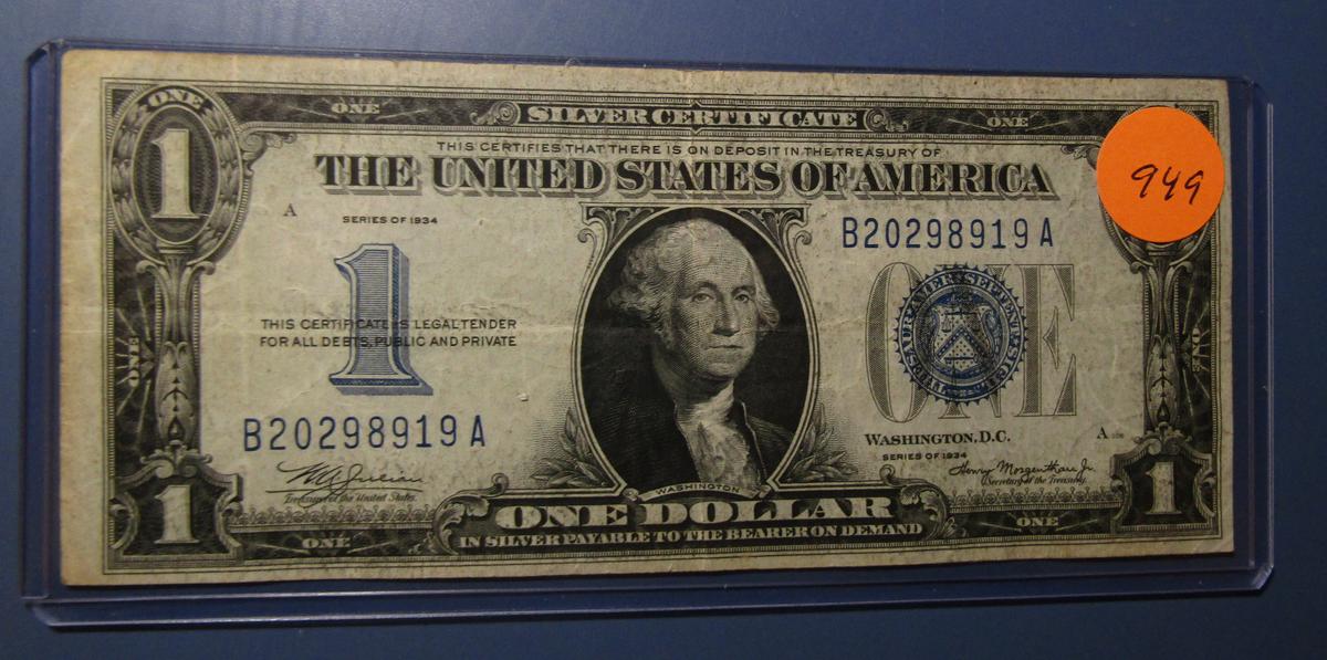 1934 $1.00 SILVER CERTIFICATE NOTE VF/XF