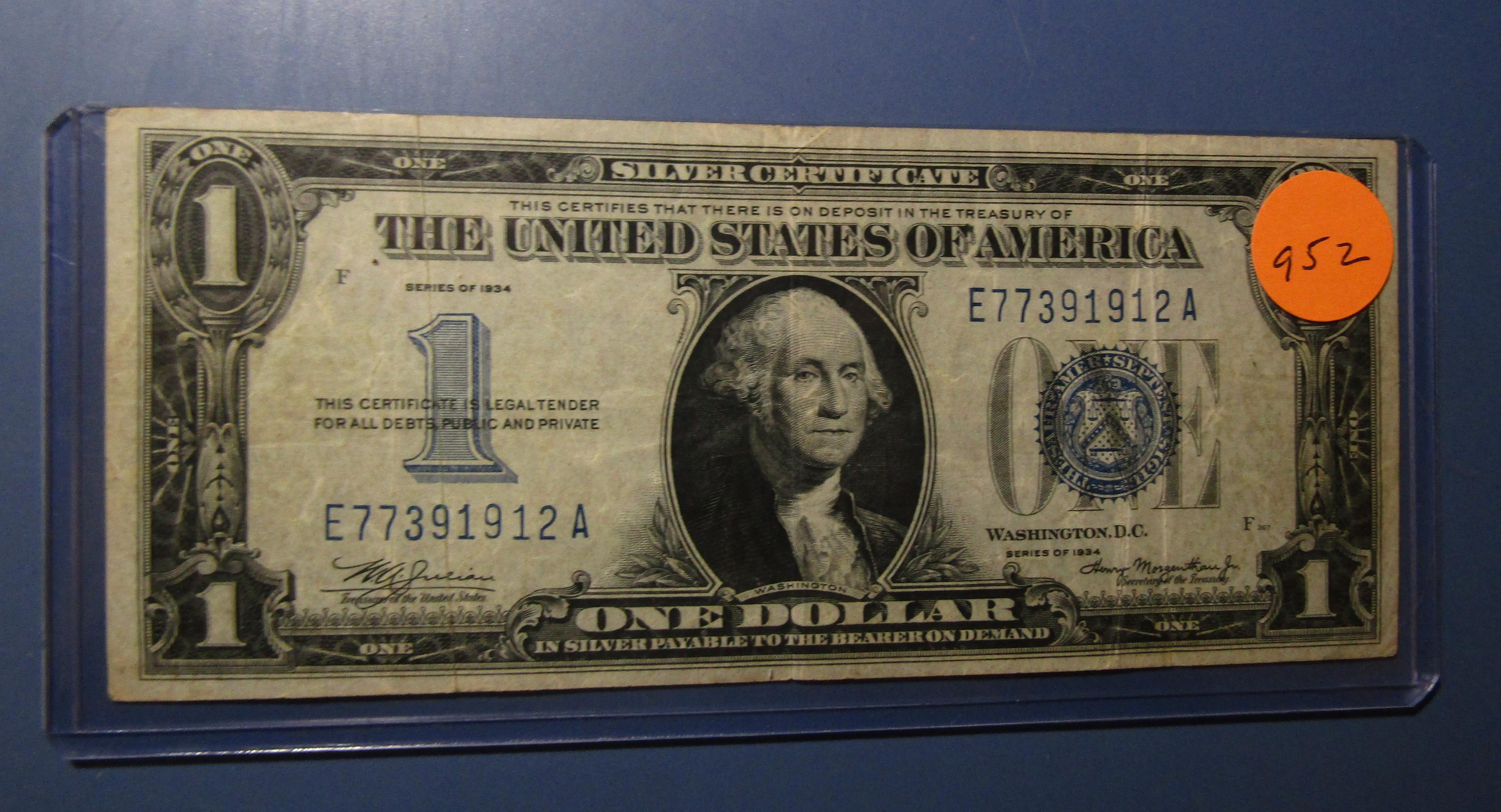 1934 $1.00 SILVER CERTIFICATE NOTE VF/XF