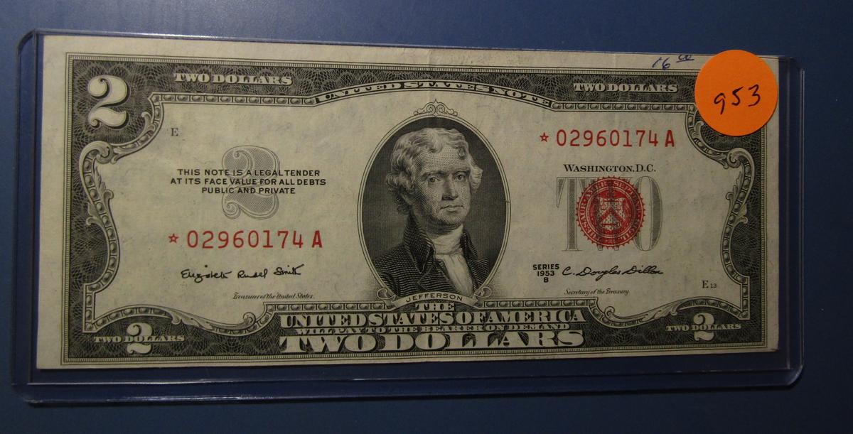 1953-B $2.00 US STAR NOTE AU/UNC (OBV. MARGIN INK)