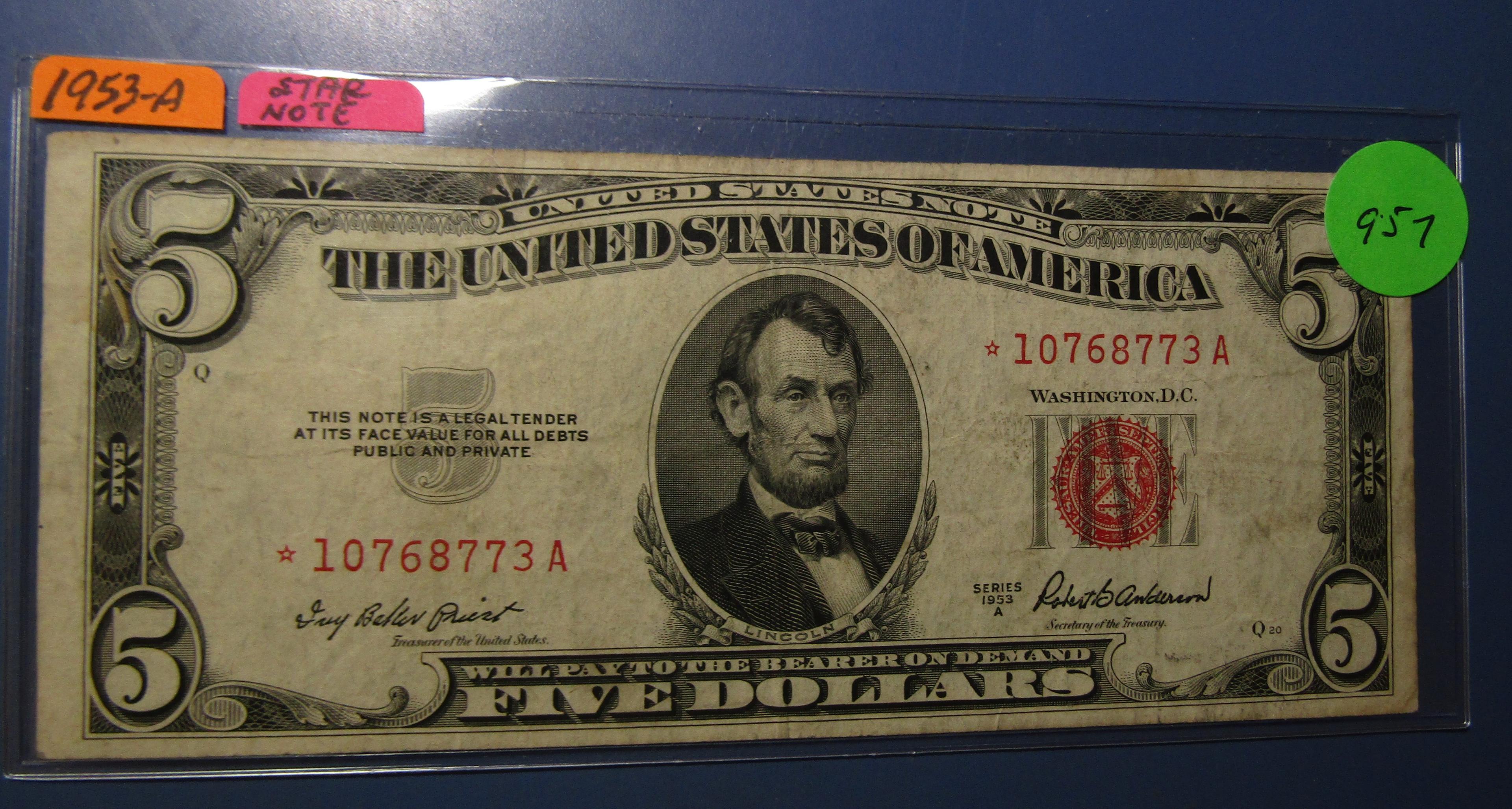 1953-A $5.00 SILVER CERTIFICATE STAR NOTE VF/XF