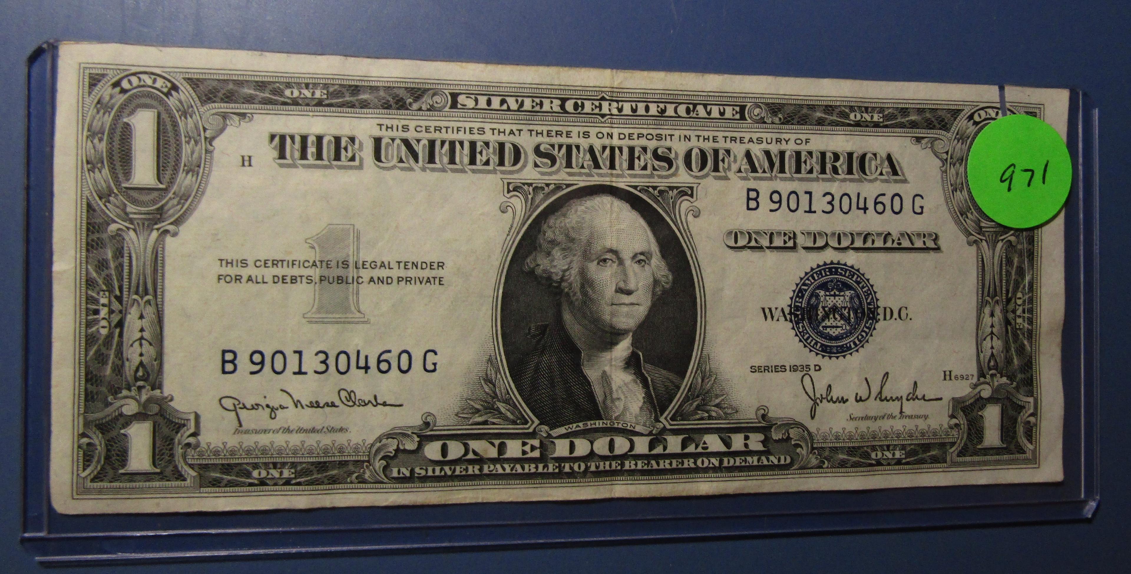 1935-D $1.00 SILVER CERTIFICATE NOTE XF (CORNER REPAIR)