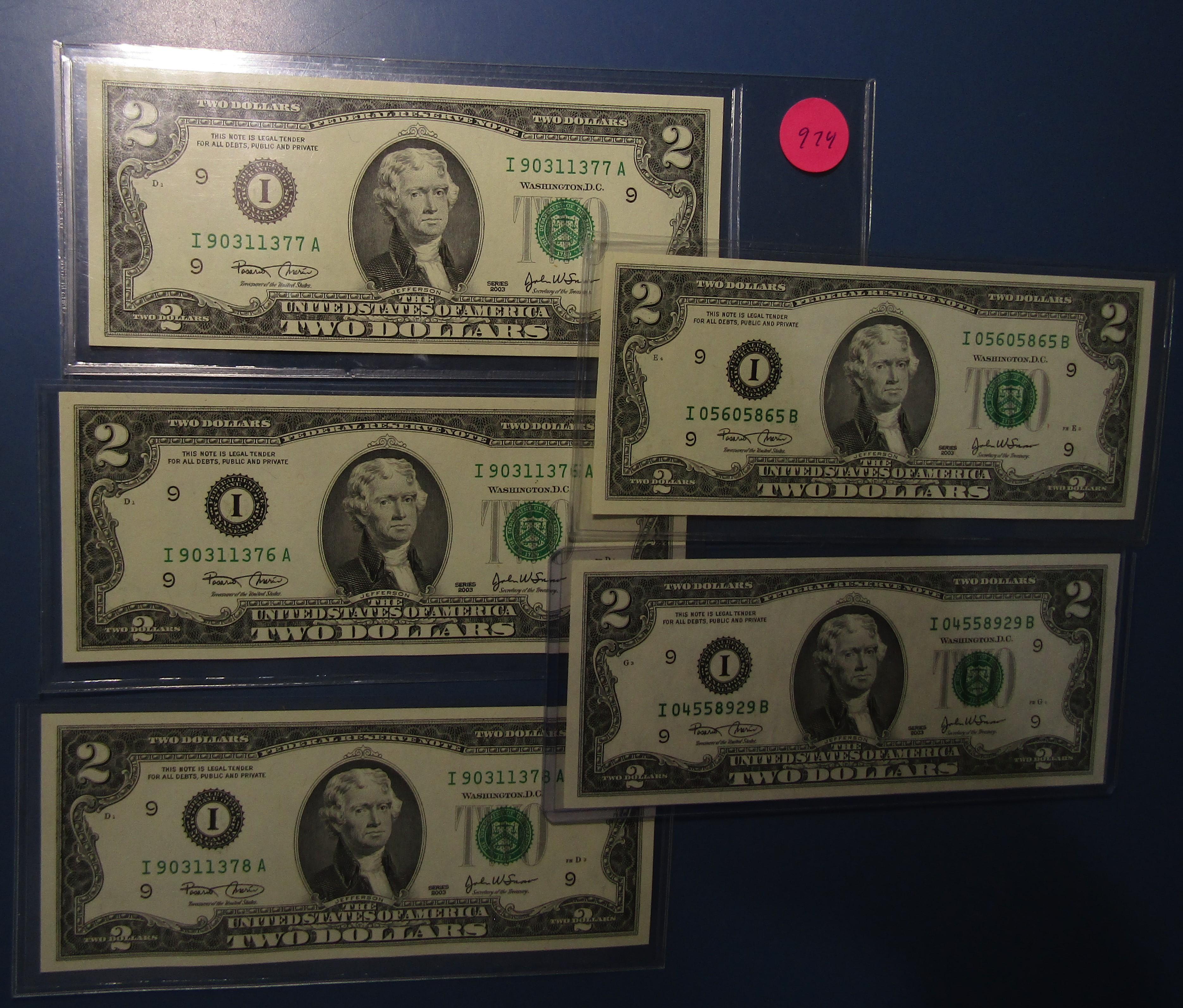 LOT OF TWELVE 1976/2003 $2.00 US NOTES CRISP GEM UNC (12 NOTES)