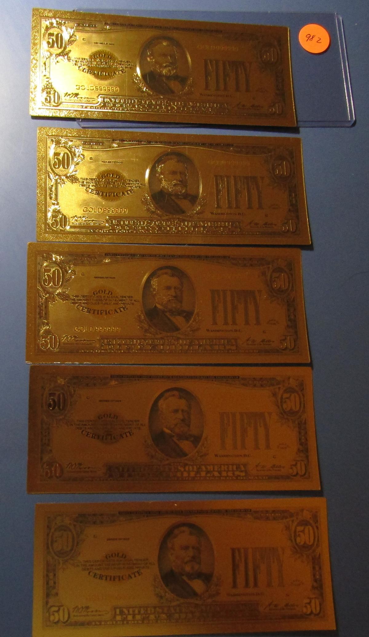 LOT OF FIVE 1928 $50.00 GOLD CERTIFICATE REPLICAS (5 PIECES)