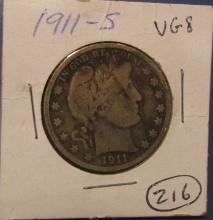 1911-S BARBER HALF DOLLAR VG-8