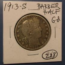 1913-S BARBER HALF DOLLAR GOOD-4
