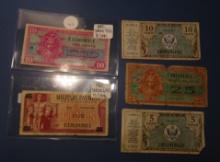 LOT OF FIVE MILITARY PAY SCRIPS (5 PIECES)